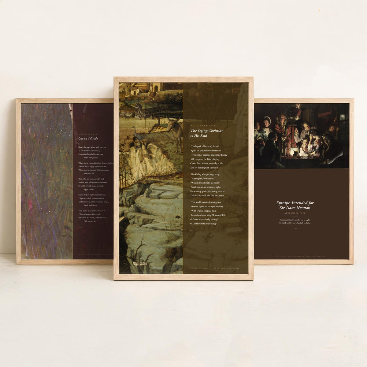 Alexander Pope Poems Set of Three Art Prints - Ode on Solitude, The Dying Christian, Newton Epitaph over Classic Paintings - Poetry Poster