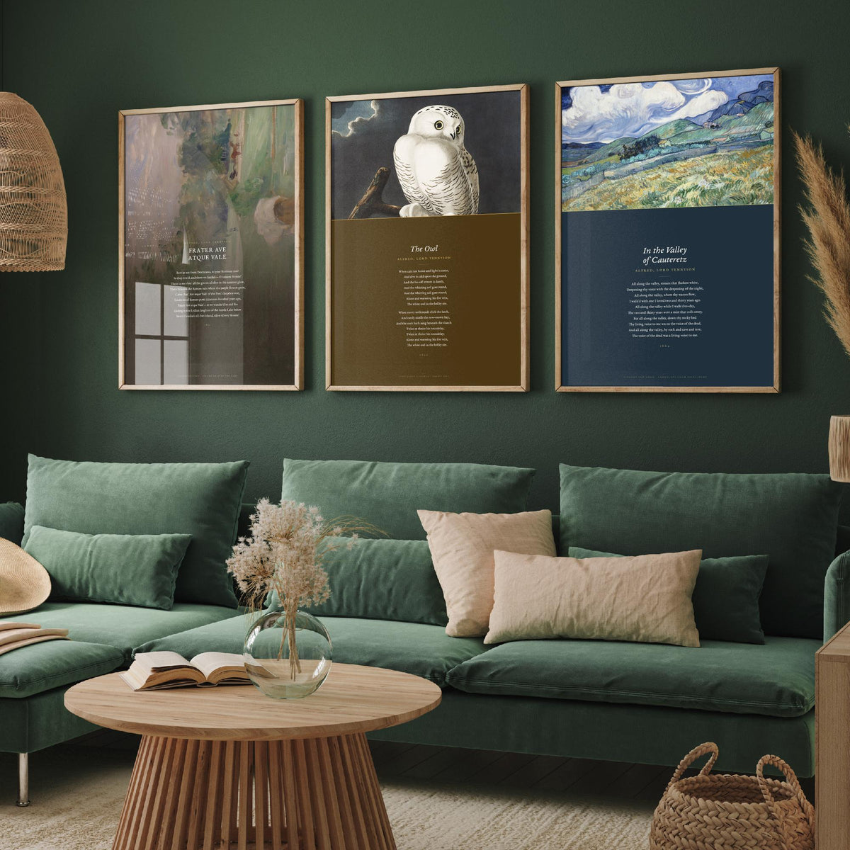 Lord Tennyson Set of Three Art Prints - The Owl, Frater Ave Atque Vale - Full Poems over Painting and Audubon Plate - Poetry Poster V4