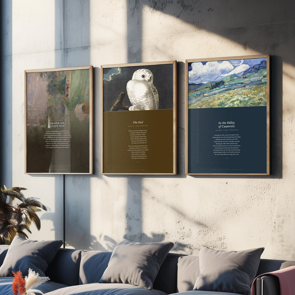 Lord Tennyson Set of Three Art Prints - The Owl, Frater Ave Atque Vale - Full Poems over Painting and Audubon Plate - Poetry Poster V4