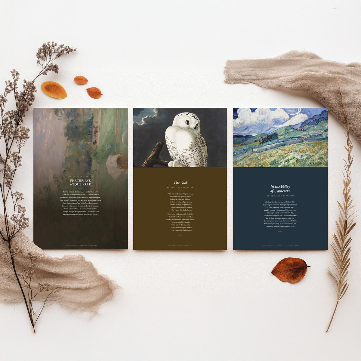 Lord Tennyson Set of Three Art Prints - The Owl, Frater Ave Atque Vale - Full Poems over Painting and Audubon Plate - Poetry Poster V4