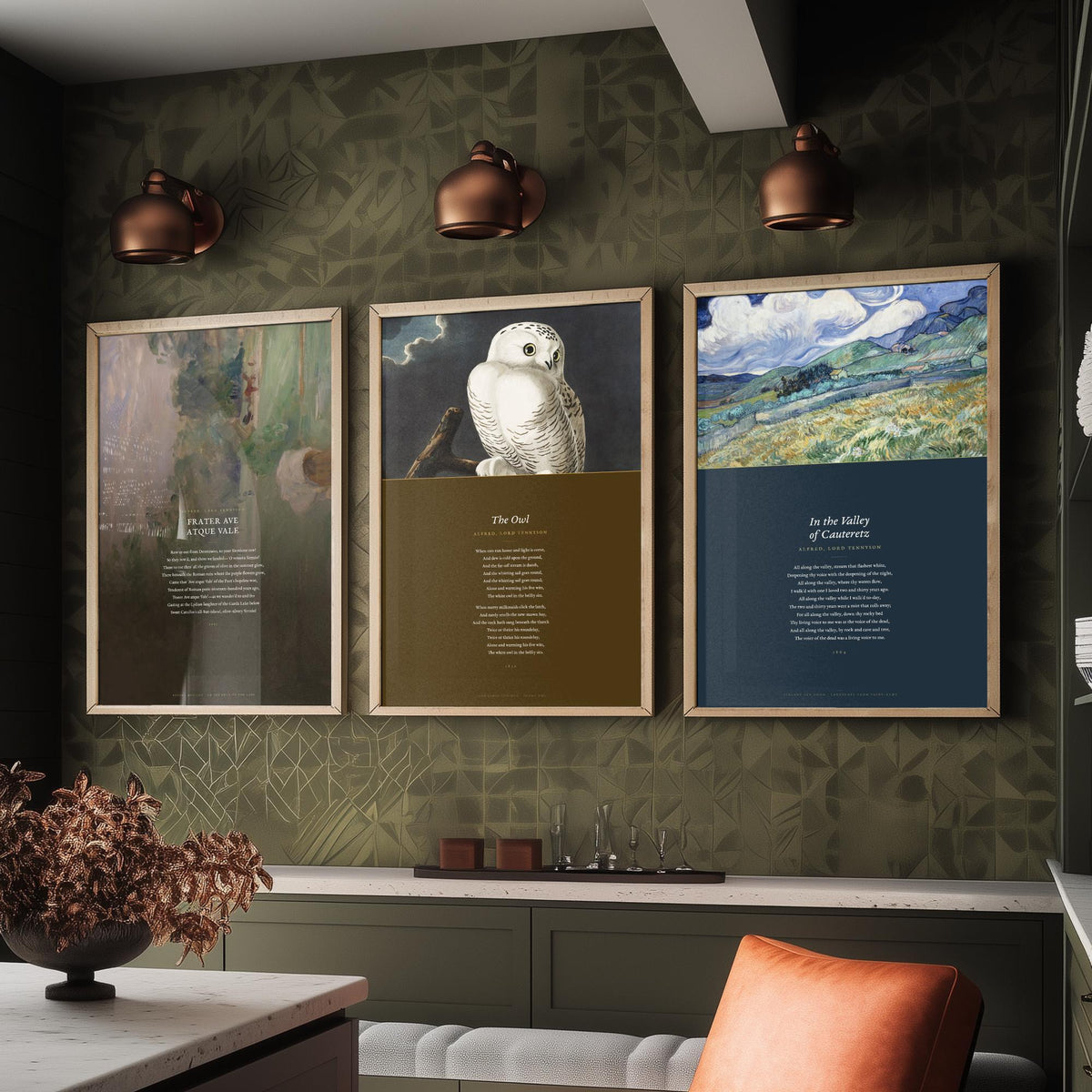 Lord Tennyson Set of Three Art Prints - The Owl, Frater Ave Atque Vale - Full Poems over Painting and Audubon Plate - Poetry Poster V4