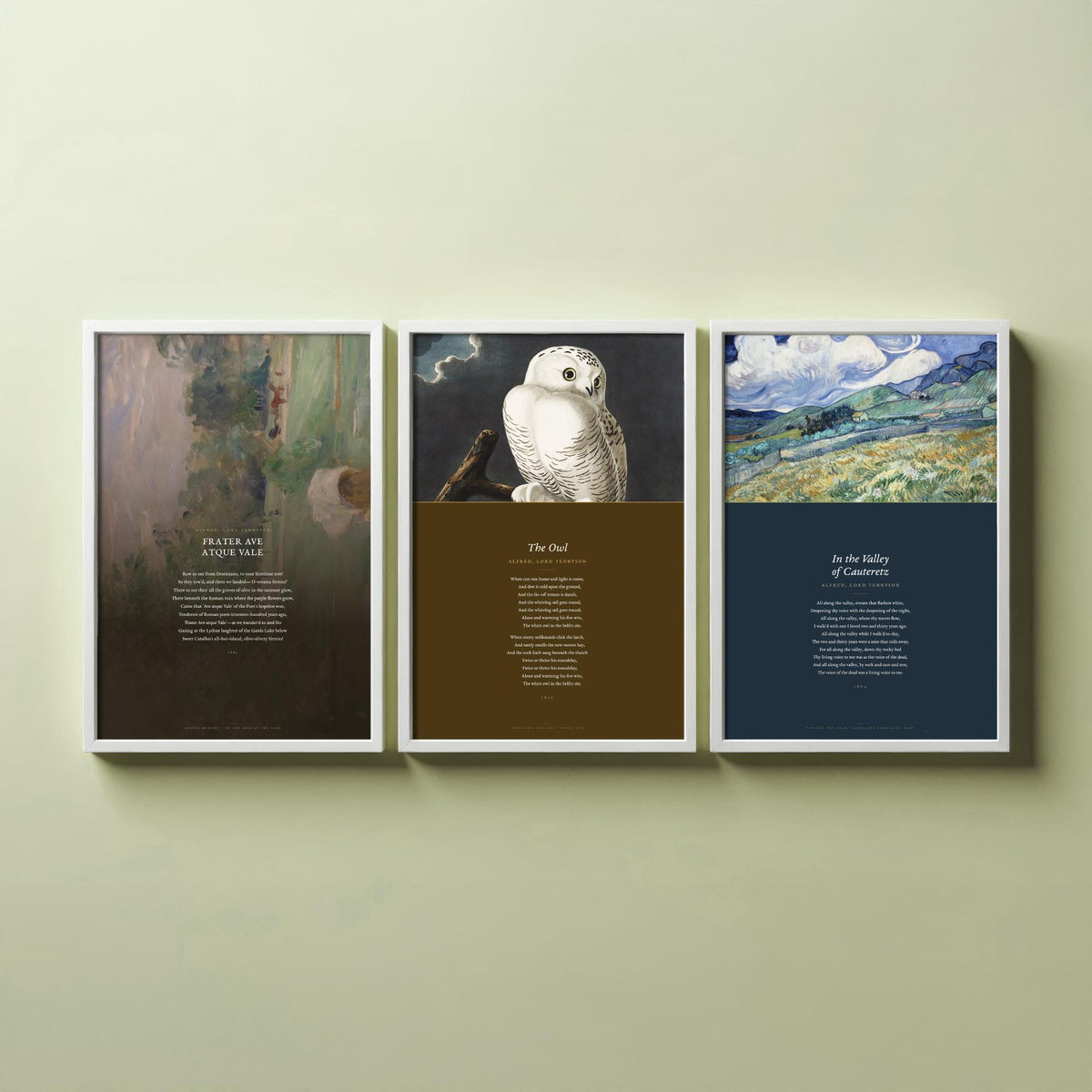 Lord Tennyson Set of Three Art Prints - The Owl, Frater Ave Atque Vale - Full Poems over Painting and Audubon Plate - Poetry Poster V4