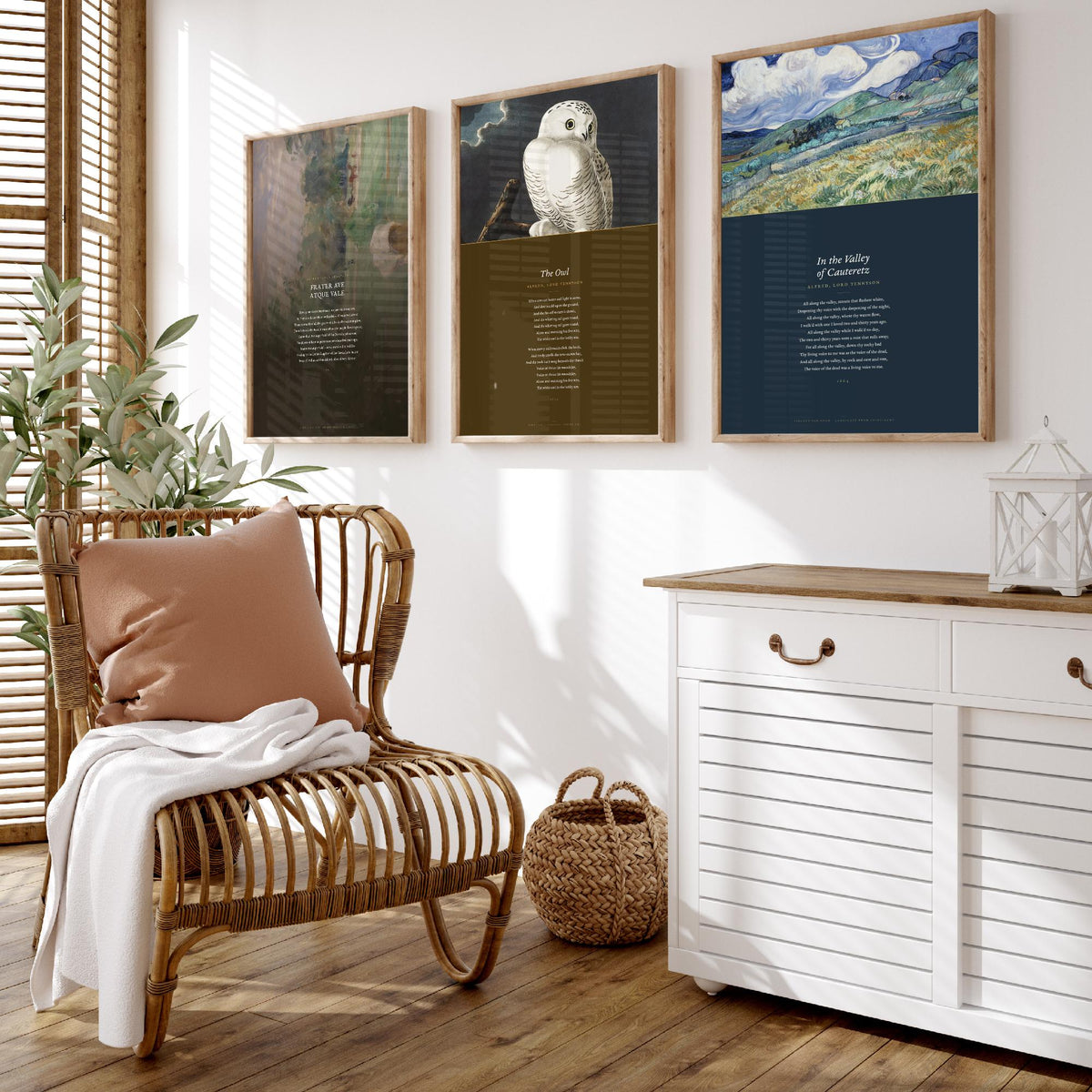 Lord Tennyson Set of Three Art Prints - The Owl, Frater Ave Atque Vale - Full Poems over Painting and Audubon Plate - Poetry Poster V4