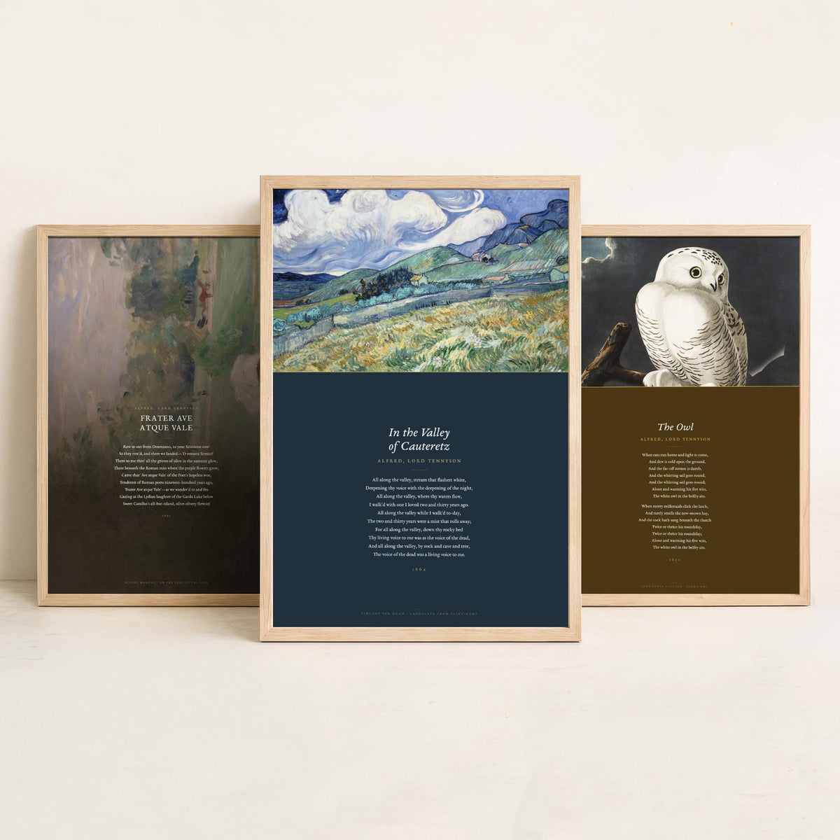 Lord Tennyson Set of Three Art Prints - The Owl, Frater Ave Atque Vale - Full Poems over Painting and Audubon Plate - Poetry Poster V4