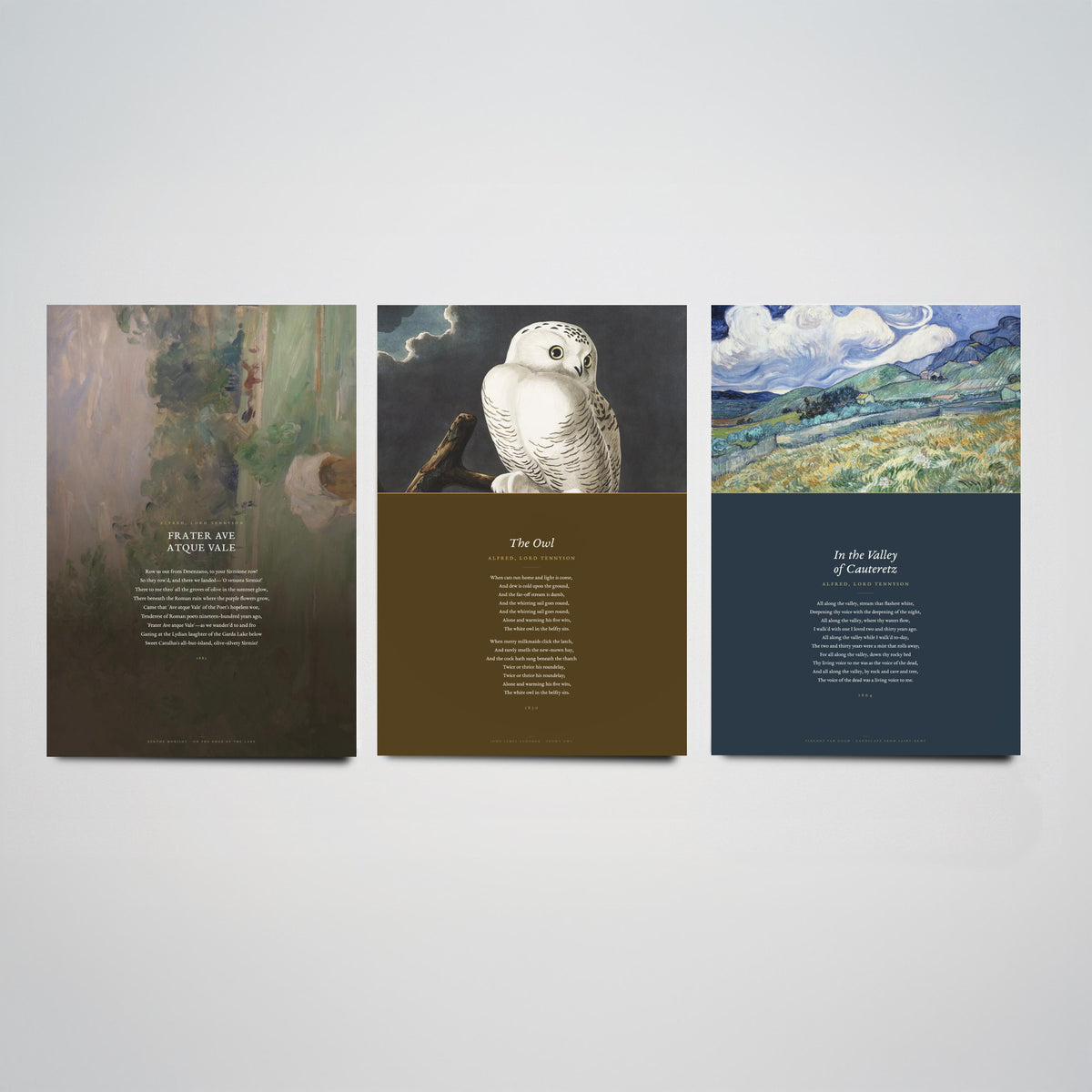 Lord Tennyson Set of Three Art Prints - The Owl, Frater Ave Atque Vale - Full Poems over Painting and Audubon Plate - Poetry Poster V4