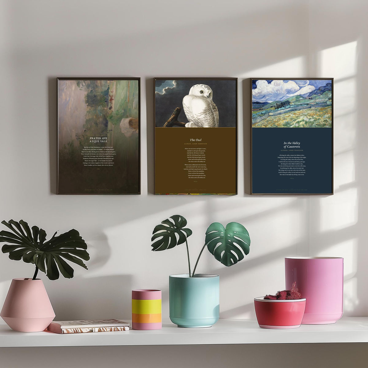 Lord Tennyson Set of Three Art Prints - The Owl, Frater Ave Atque Vale - Full Poems over Painting and Audubon Plate - Poetry Poster V4
