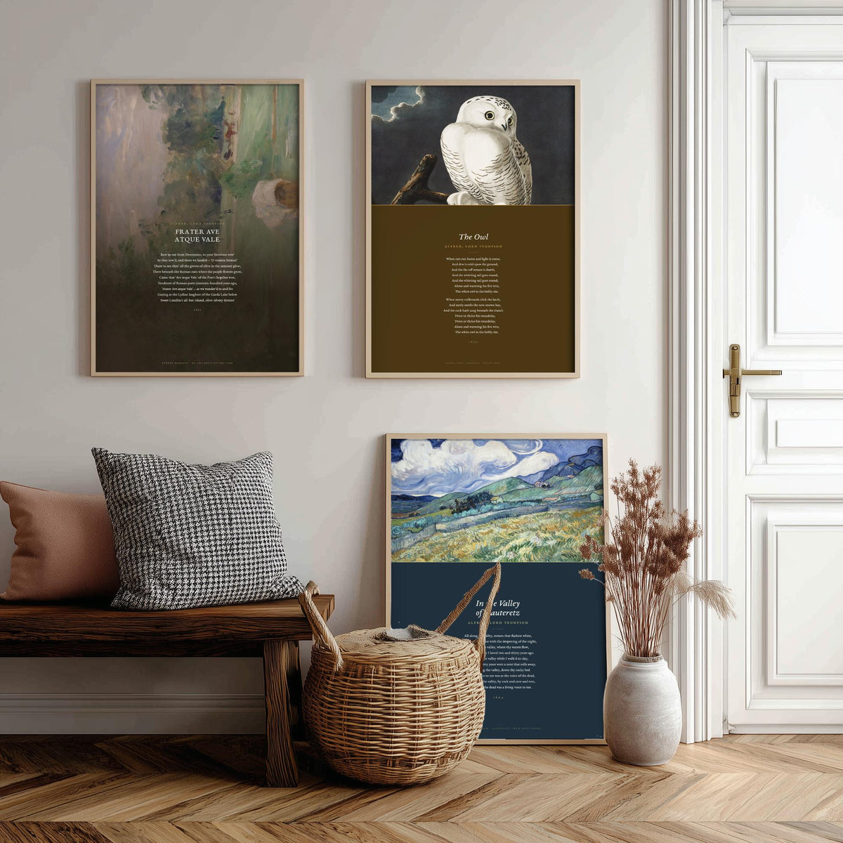 Lord Tennyson Set of Three Art Prints - The Owl, Frater Ave Atque Vale - Full Poems over Painting and Audubon Plate - Poetry Poster V4