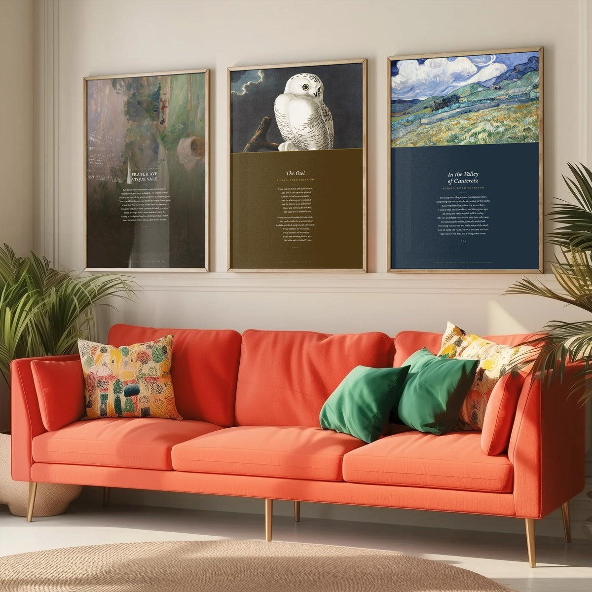 Lord Tennyson Set of Three Art Prints - The Owl, Frater Ave Atque Vale - Full Poems over Painting and Audubon Plate - Poetry Poster V4