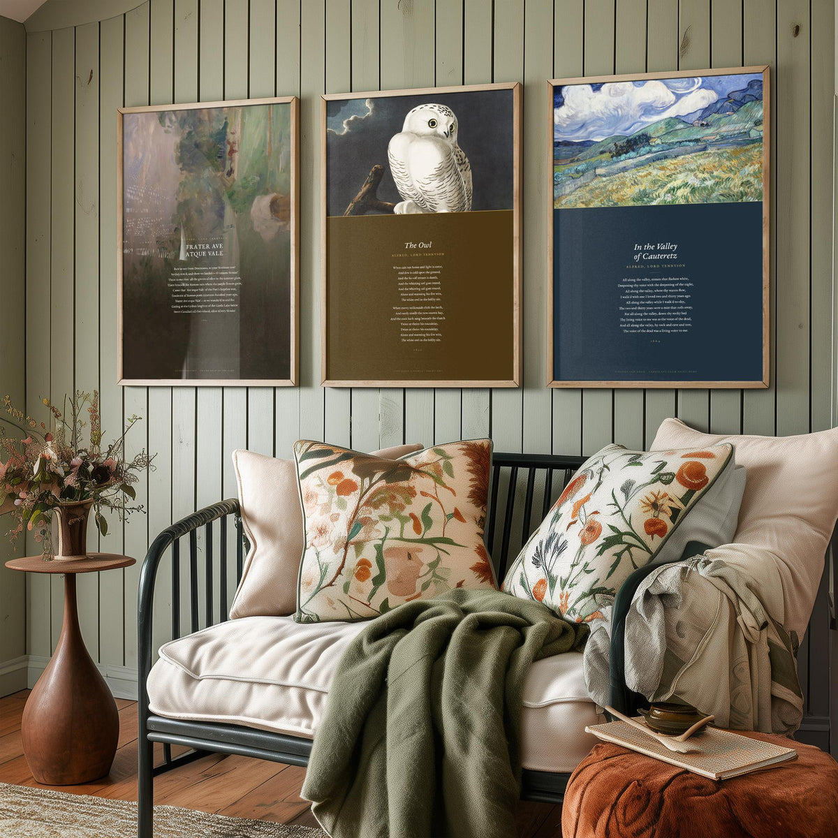 Lord Tennyson Set of Three Art Prints - The Owl, Frater Ave Atque Vale - Full Poems over Painting and Audubon Plate - Poetry Poster V4