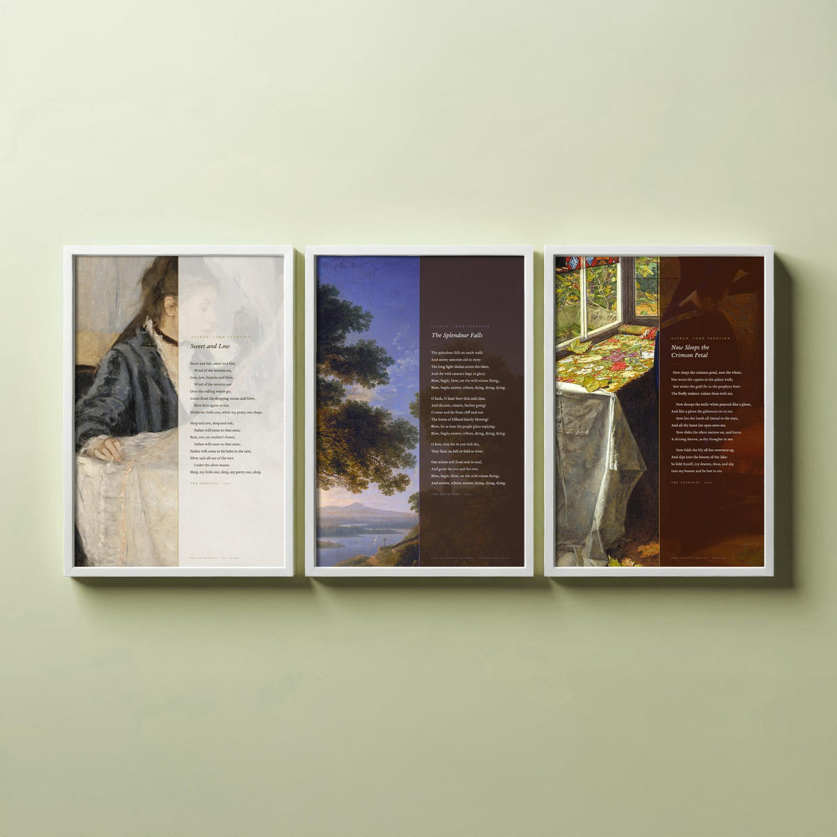 Tennyson Princess Songs Set of Three Art Prints - Sweet and Low, The Splendour Falls, Now Sleeps the Crimson Petal - Painting Poster V1