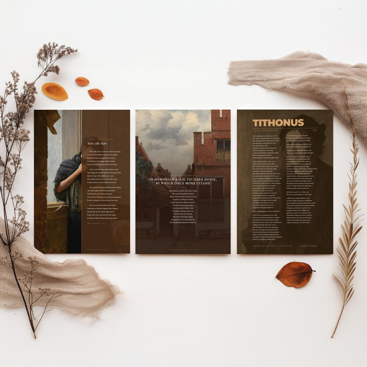 Tennyson Elegy Poems Set of Three Art Prints - Tears Idle Tears, Tithonus, In Memoriam Dark House - Full Poems over Paintings - Poster V2
