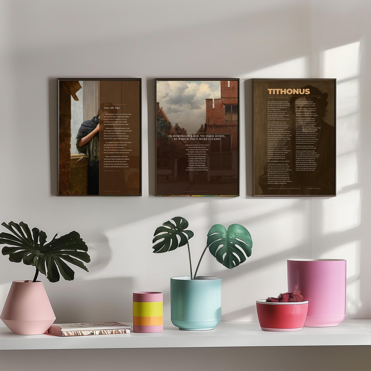 Tennyson Elegy Poems Set of Three Art Prints - Tears Idle Tears, Tithonus, In Memoriam Dark House - Full Poems over Paintings - Poster V2