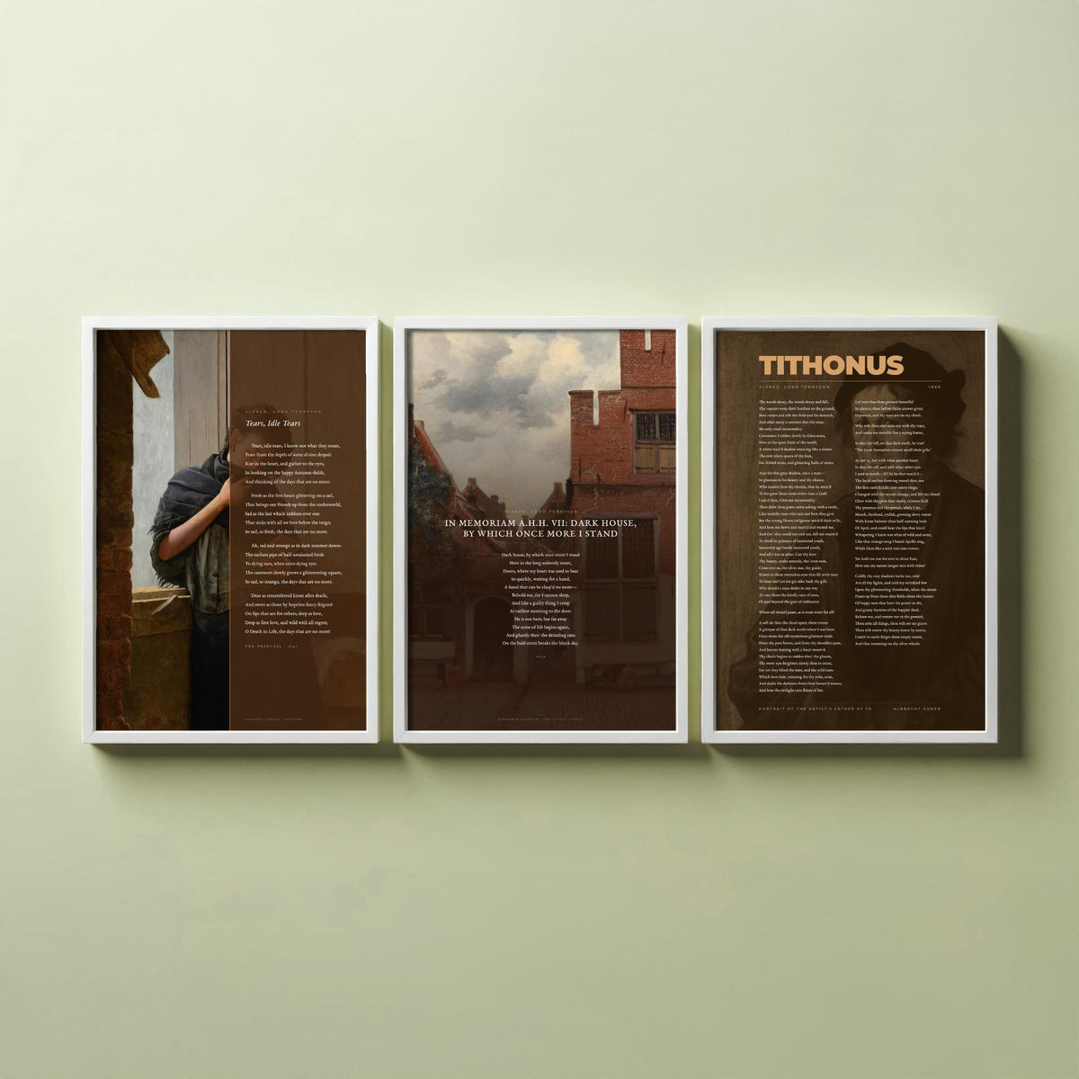 Tennyson Elegy Poems Set of Three Art Prints - Tears Idle Tears, Tithonus, In Memoriam Dark House - Full Poems over Paintings - Poster V2