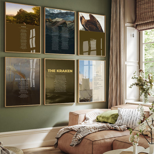 Set of Six Alfred Lord Tennyson Poem Art Prints - 6 Poems over Classic Sea Paintings - Poetry Posters - Ulysses, The Eagle, Crossing the Bar