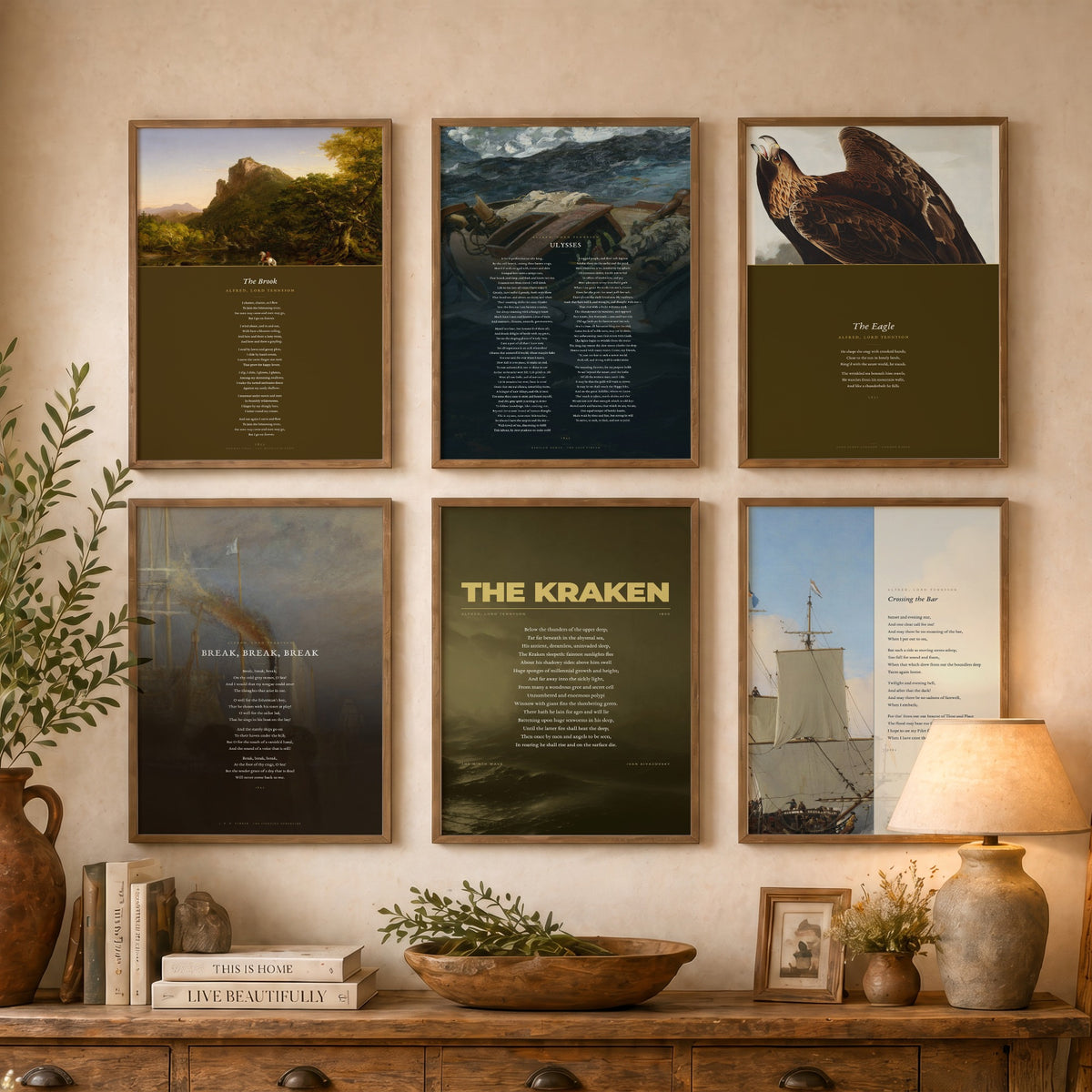 Set of Six Alfred Lord Tennyson Poem Art Prints - 6 Poems over Classic Sea Paintings - Poetry Posters - Ulysses, The Eagle, Crossing the Bar