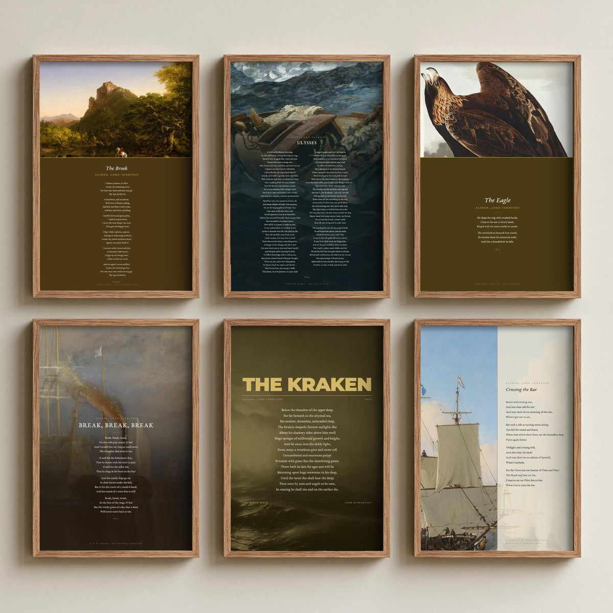 Set of Six Alfred Lord Tennyson Poem Art Prints - 6 Poems over Classic Sea Paintings - Poetry Posters - Ulysses, The Eagle, Crossing the Bar