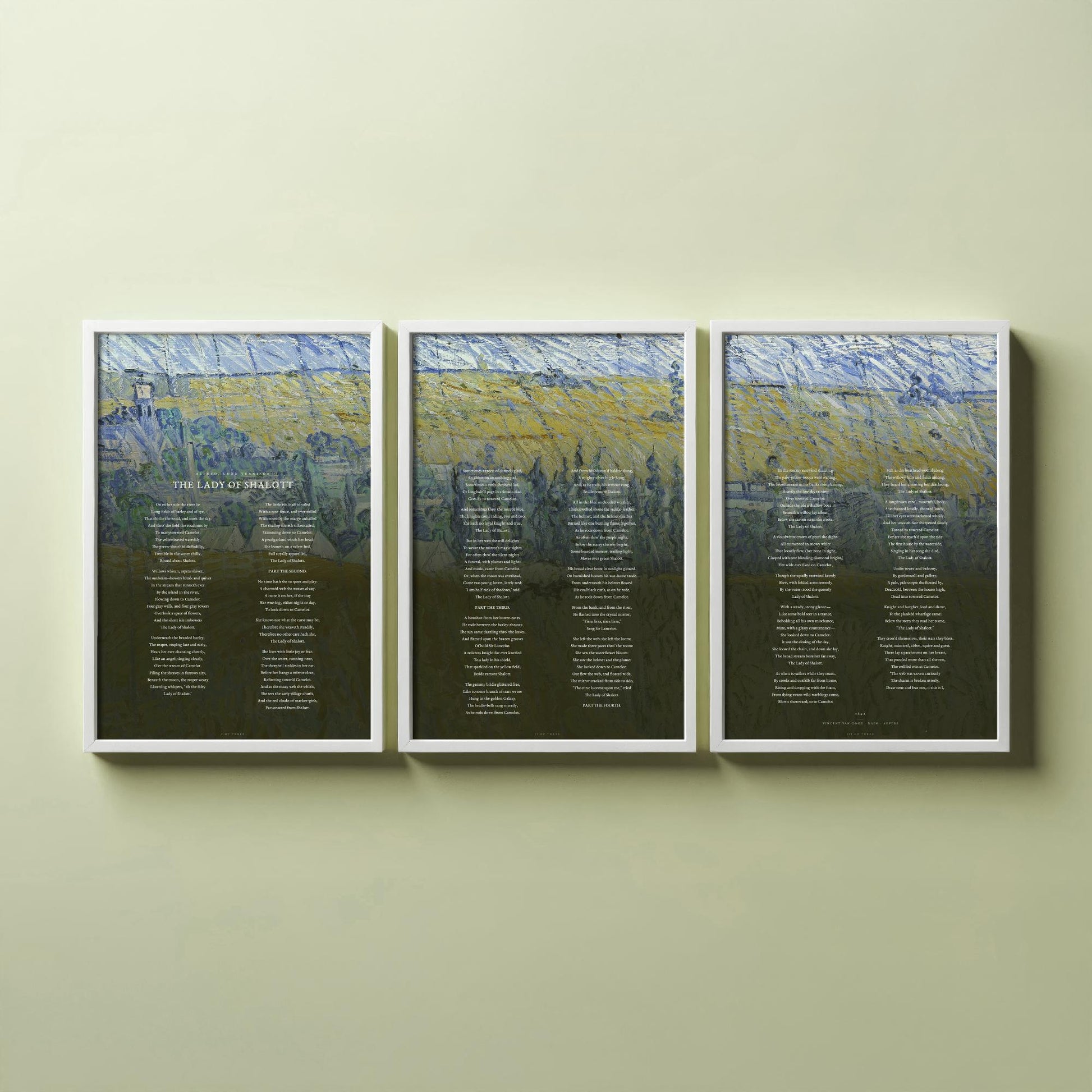 The Lady of Shalott by Alfred Lord Tennyson Set of Three Art Prints - Full Poem over Van Gogh Rain Auvers Painting - Poetry Poster Triptych