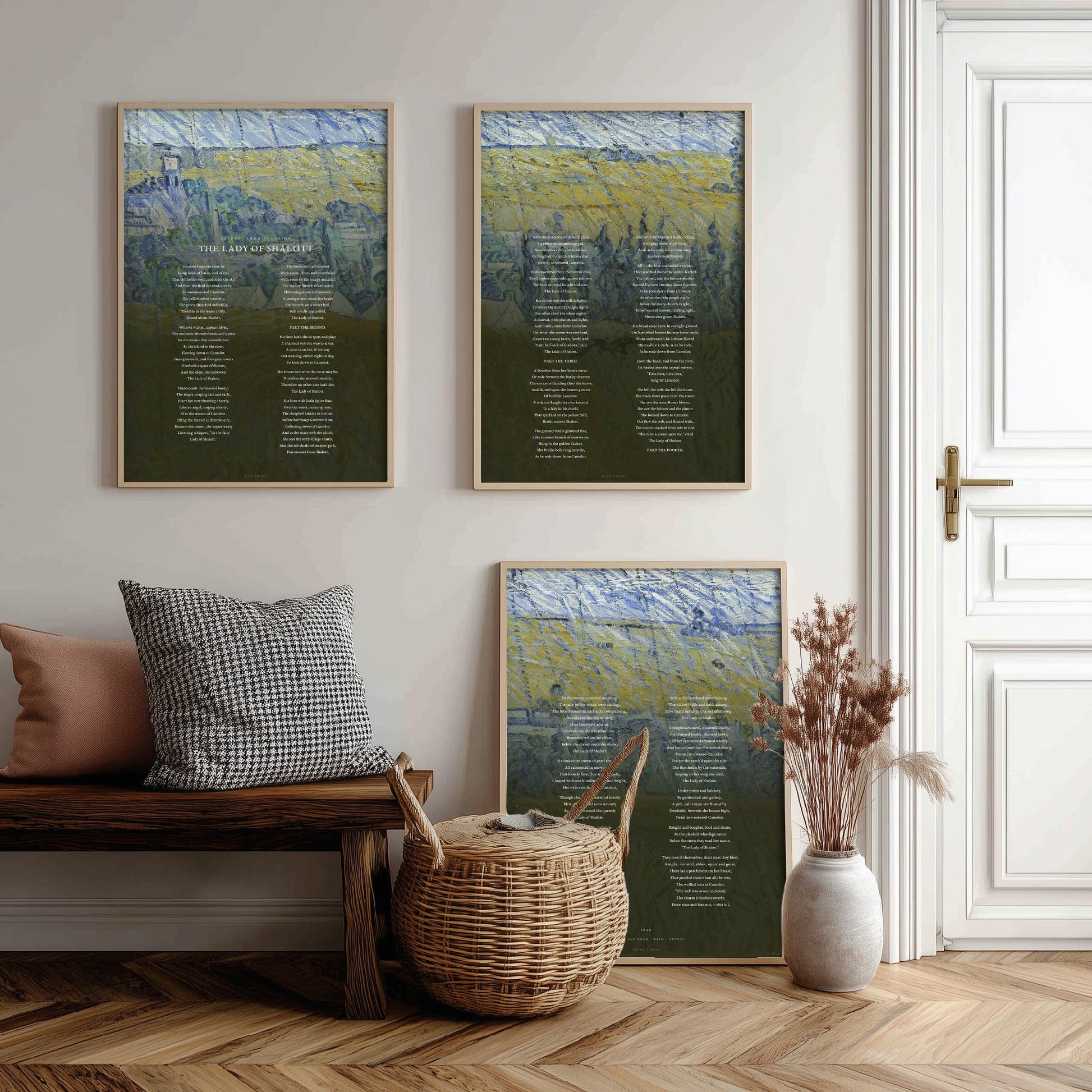 The Lady of Shalott by Alfred Lord Tennyson Set of Three Art Prints - Full Poem over Van Gogh Rain Auvers Painting - Poetry Poster Triptych