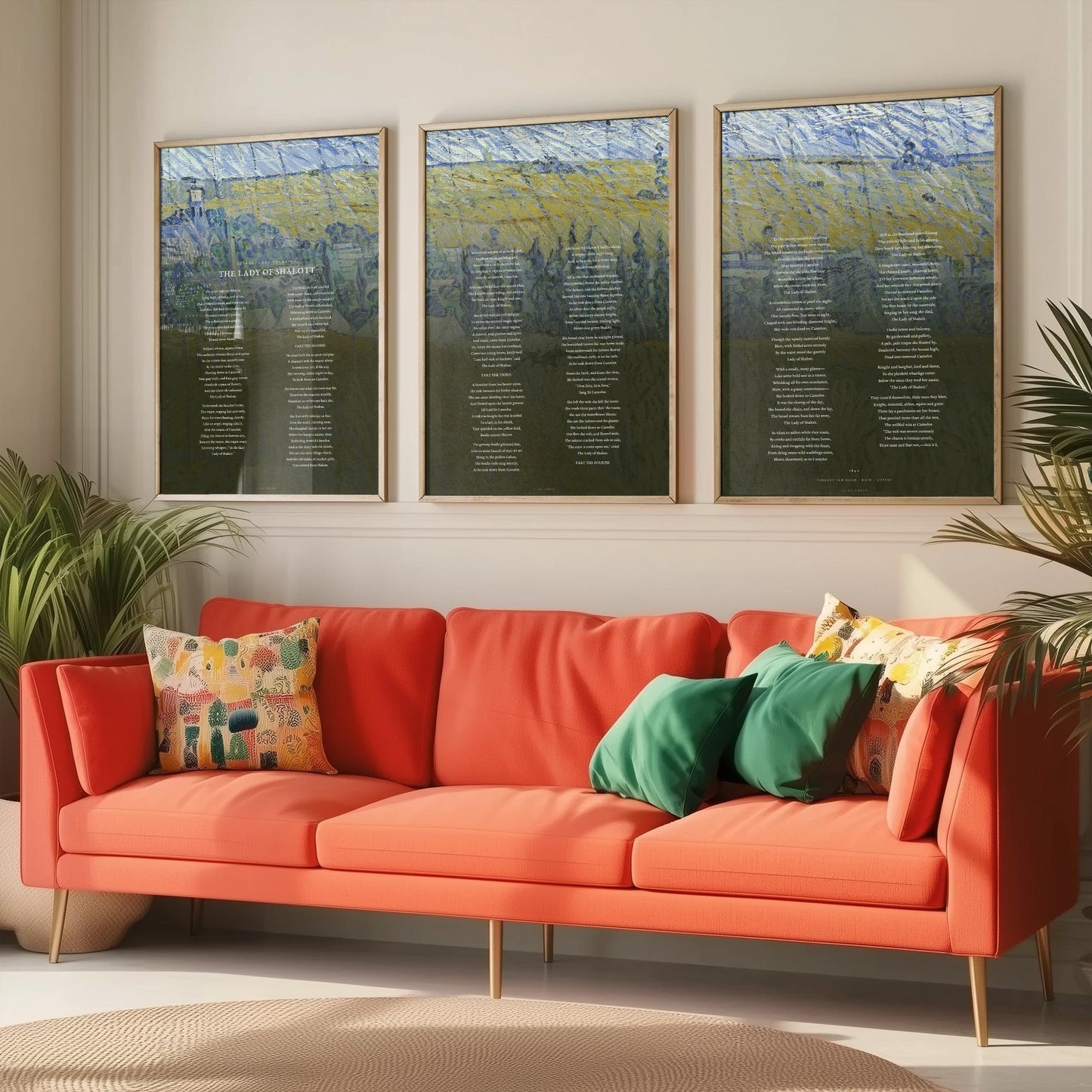The Lady of Shalott by Alfred Lord Tennyson Set of Three Art Prints - Full Poem over Van Gogh Rain Auvers Painting - Poetry Poster Triptych