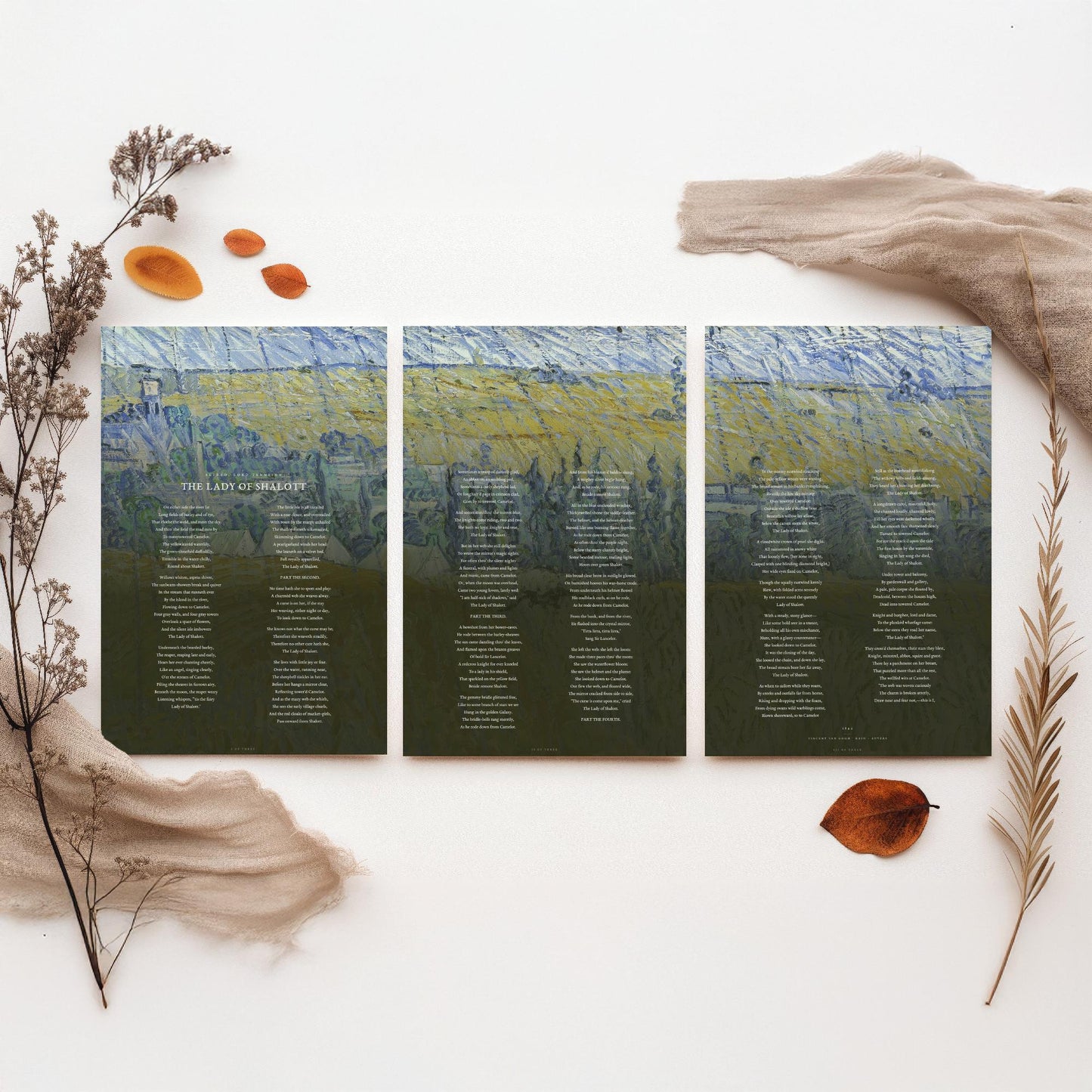 The Lady of Shalott by Alfred Lord Tennyson Set of Three Art Prints - Full Poem over Van Gogh Rain Auvers Painting - Poetry Poster Triptych