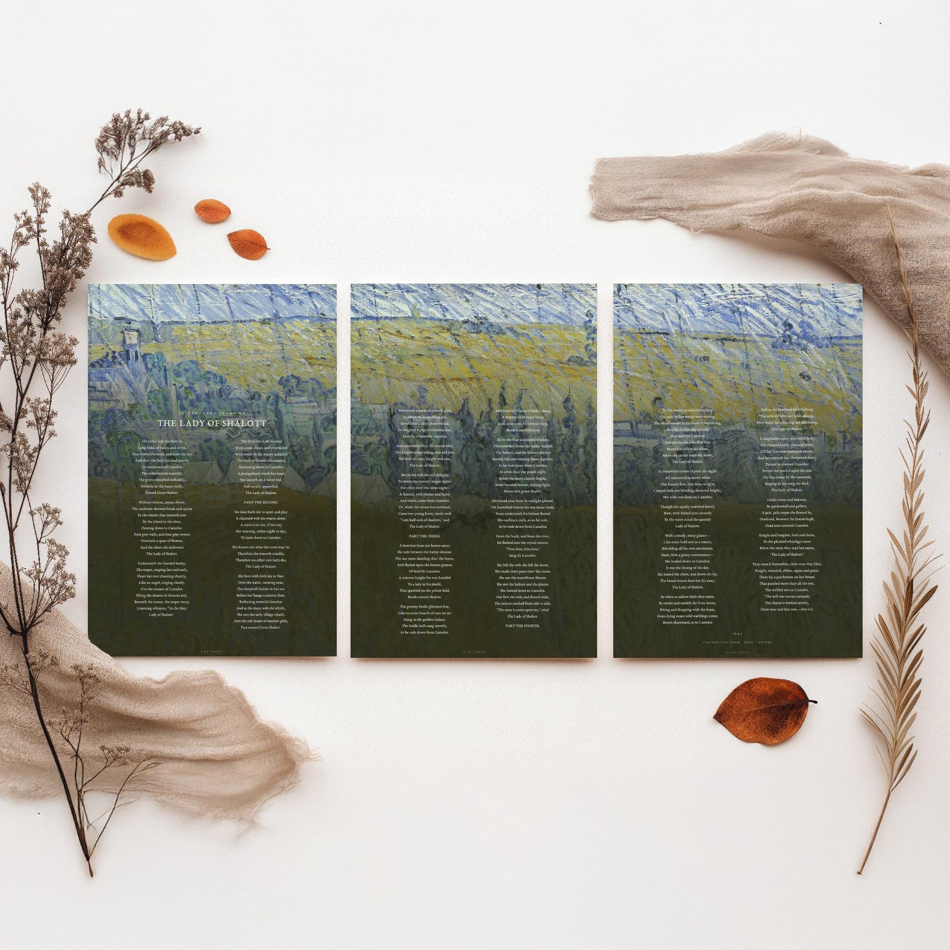 The Lady of Shalott by Alfred Lord Tennyson Set of Three Art Prints - Full Poem over Van Gogh Rain Auvers Painting - Poetry Poster Triptych