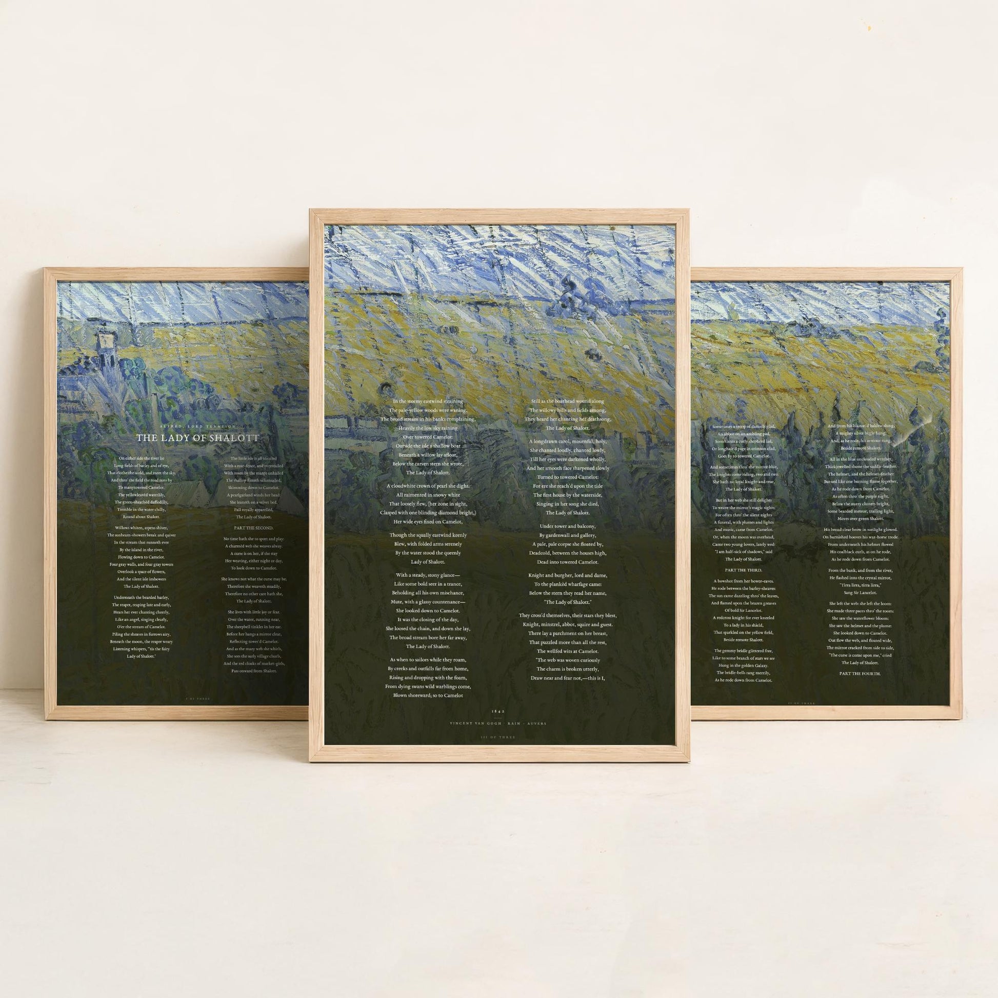 The Lady of Shalott by Alfred Lord Tennyson Set of Three Art Prints - Full Poem over Van Gogh Rain Auvers Painting - Poetry Poster Triptych