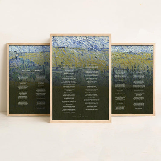 The Lady of Shalott by Alfred Lord Tennyson Set of Three Art Prints - Full Poem over Van Gogh Rain Auvers Painting - Poetry Poster Triptych