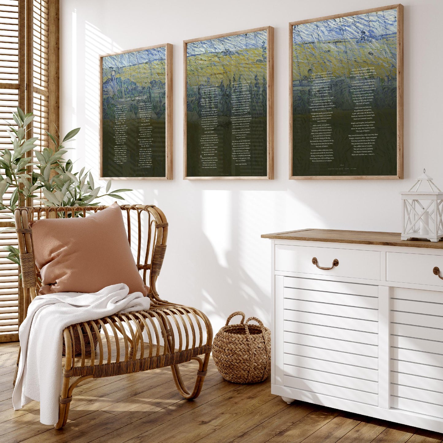 The Lady of Shalott by Alfred Lord Tennyson Set of Three Art Prints - Full Poem over Van Gogh Rain Auvers Painting - Poetry Poster Triptych