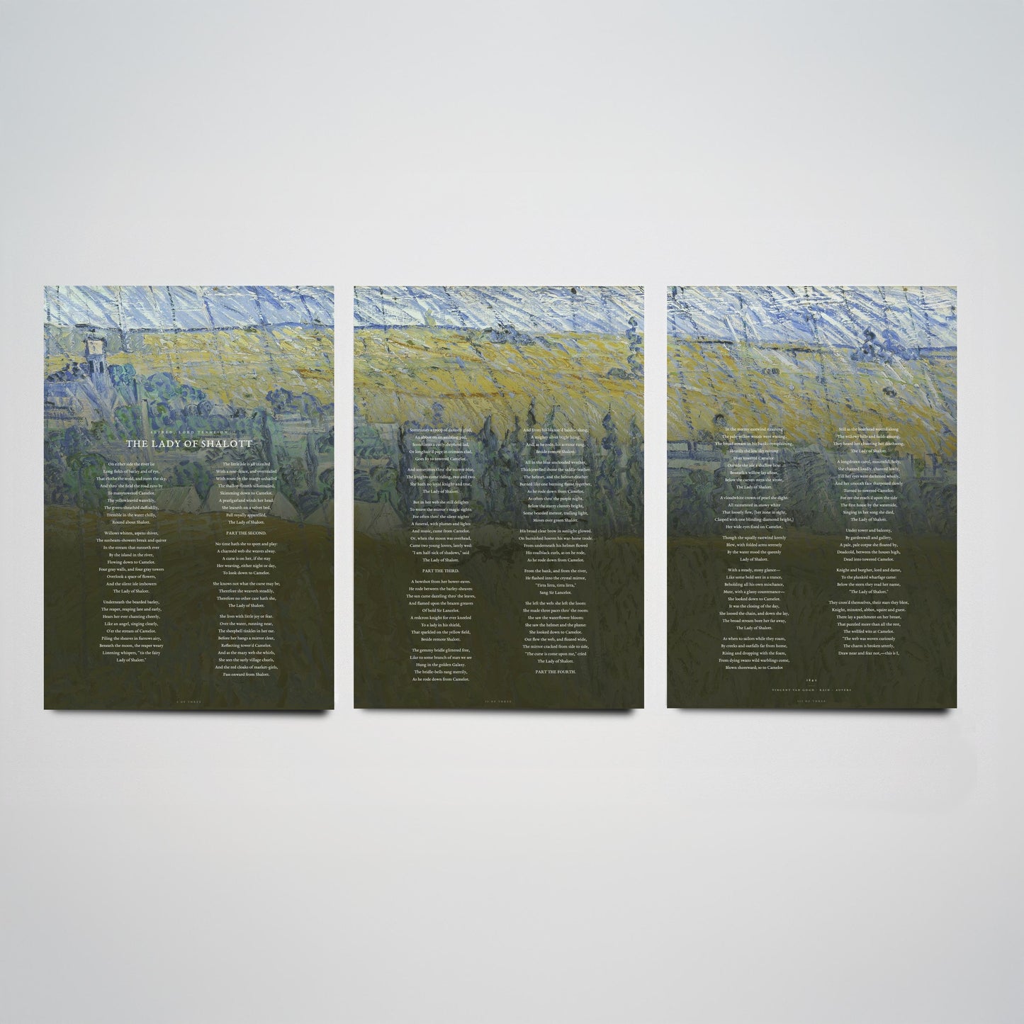 The Lady of Shalott by Alfred Lord Tennyson Set of Three Art Prints - Full Poem over Van Gogh Rain Auvers Painting - Poetry Poster Triptych