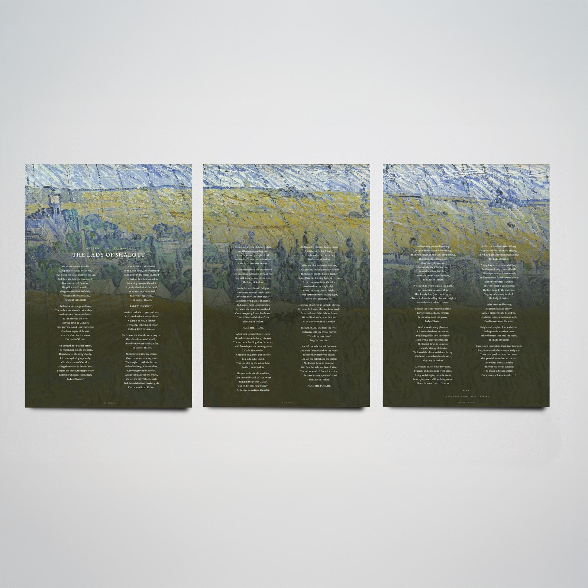 The Lady of Shalott by Alfred Lord Tennyson Set of Three Art Prints - Full Poem over Van Gogh Rain Auvers Painting - Poetry Poster Triptych