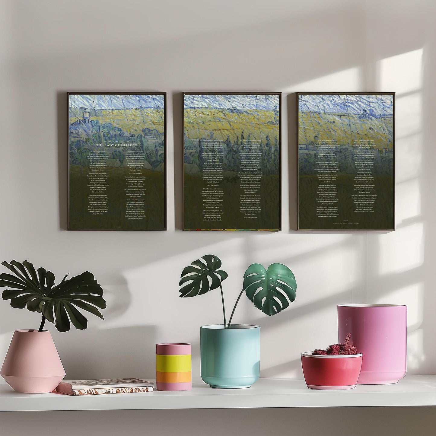 The Lady of Shalott by Alfred Lord Tennyson Set of Three Art Prints - Full Poem over Van Gogh Rain Auvers Painting - Poetry Poster Triptych