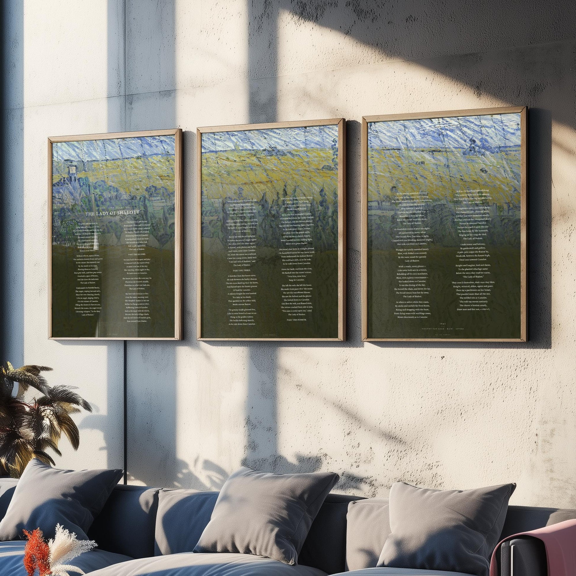 The Lady of Shalott by Alfred Lord Tennyson Set of Three Art Prints - Full Poem over Van Gogh Rain Auvers Painting - Poetry Poster Triptych