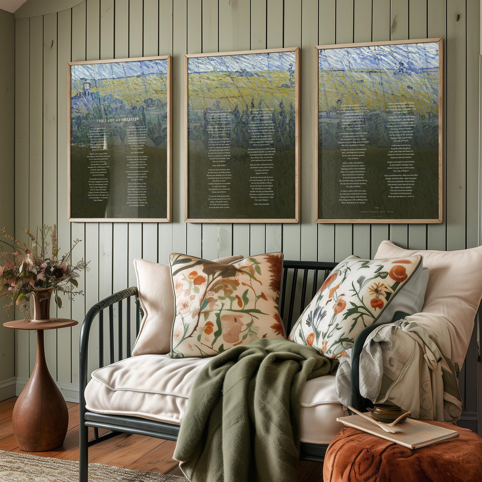 The Lady of Shalott by Alfred Lord Tennyson Set of Three Art Prints - Full Poem over Van Gogh Rain Auvers Painting - Poetry Poster Triptych