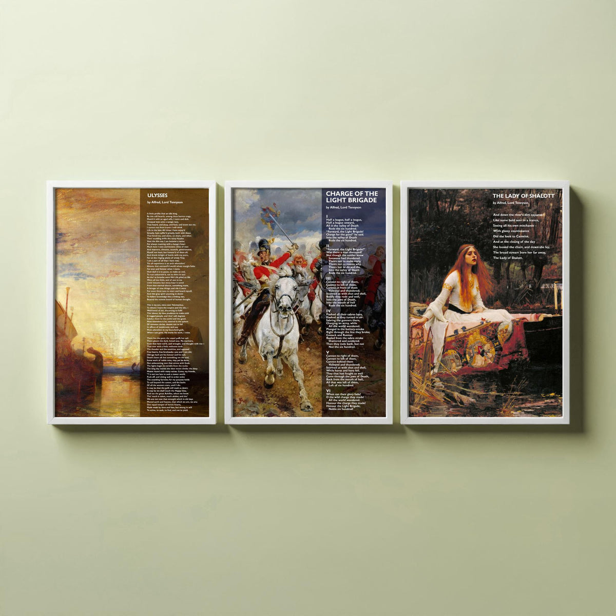 Alfred Lord Tennyson Set of Three Art Prints - Ulysses, Charge of the Light Brigade, Lady of Shalott - Poem over Painting Poster