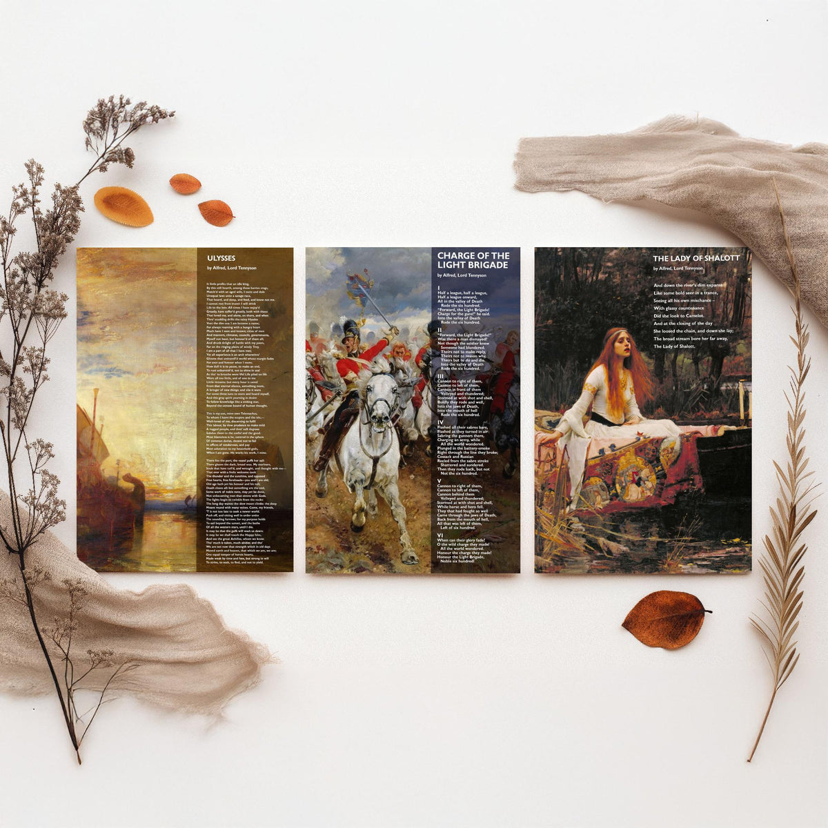 Alfred Lord Tennyson Set of Three Art Prints - Ulysses, Charge of the Light Brigade, Lady of Shalott - Poem over Painting Poster