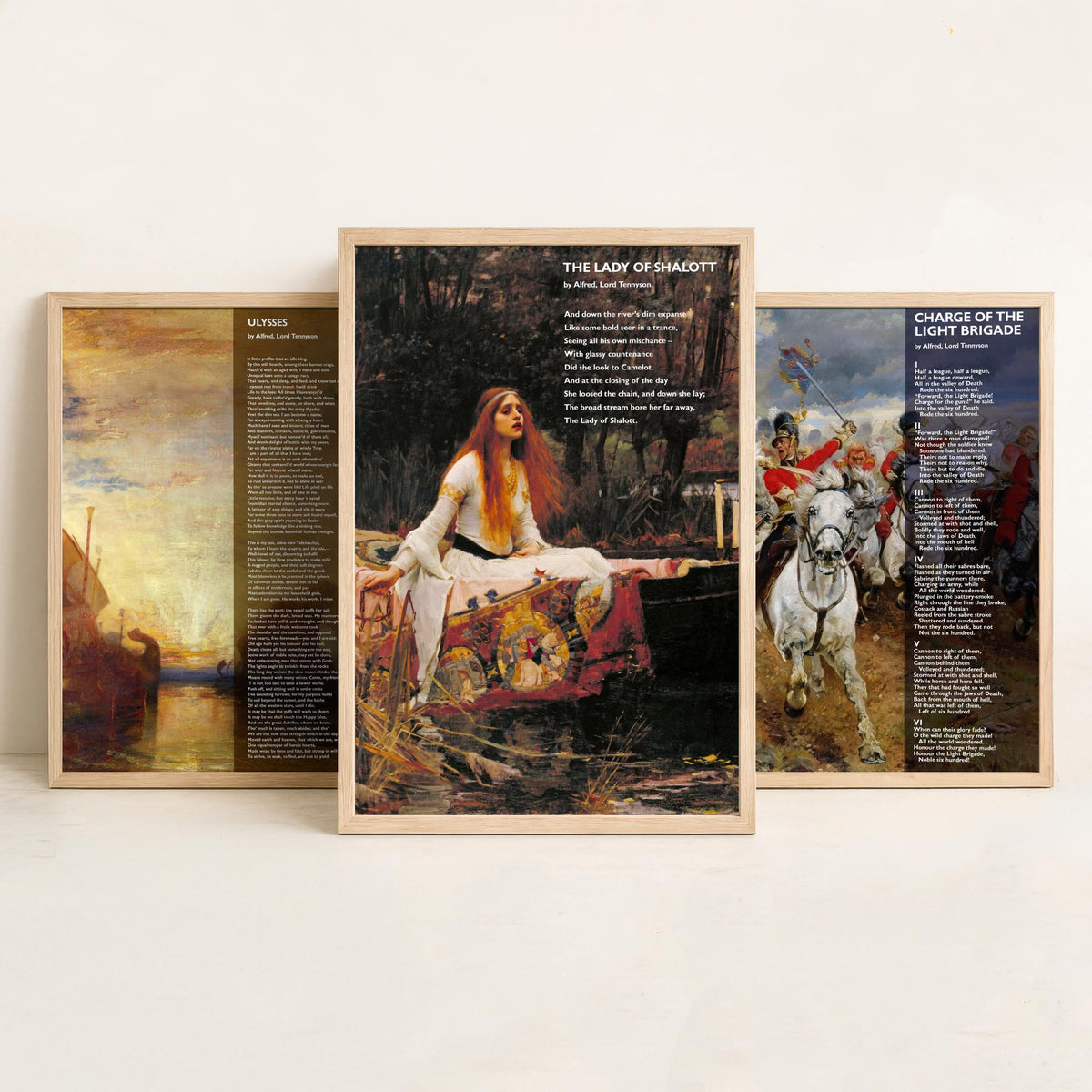 Alfred Lord Tennyson Set of Three Art Prints - Ulysses, Charge of the Light Brigade, Lady of Shalott - Poem over Painting Poster