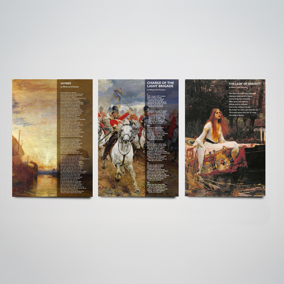Alfred Lord Tennyson Set of Three Art Prints - Ulysses, Charge of the Light Brigade, Lady of Shalott - Poem over Painting Poster