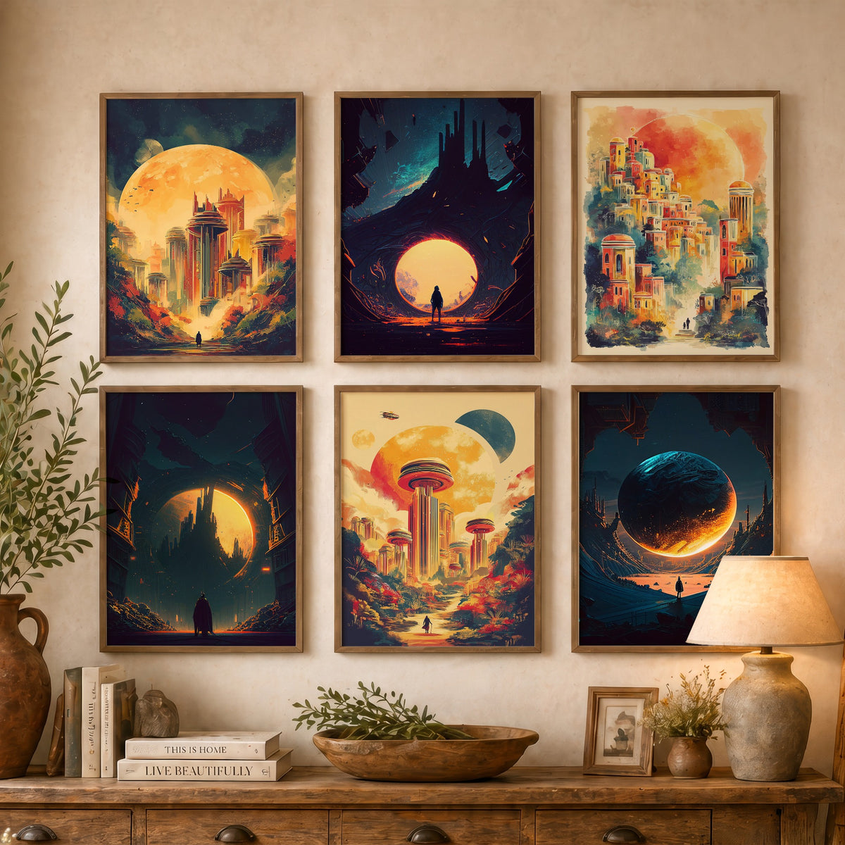 Set of Six Alien City Beneath the Sun Art Prints - 6 Retro Sci Fi Cityscape Posters - Giant Planets, Lone Traveller Fantasy Illustration