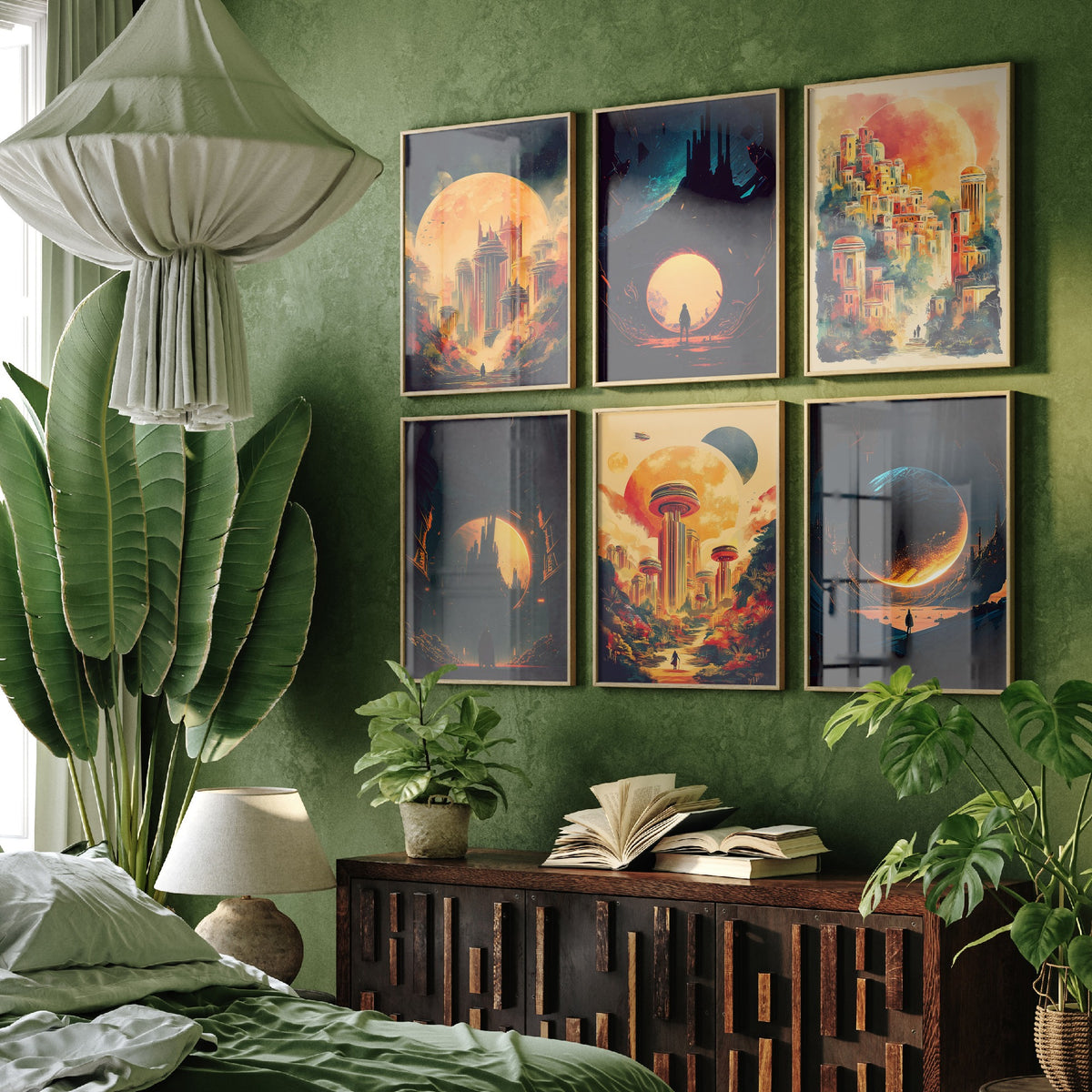 Set of Six Alien City Beneath the Sun Art Prints - 6 Retro Sci Fi Cityscape Posters - Giant Planets, Lone Traveller Fantasy Illustration