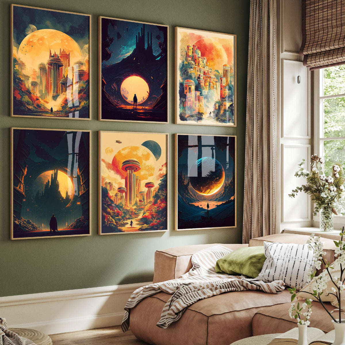 Set of Six Alien City Beneath the Sun Art Prints - 6 Retro Sci Fi Cityscape Posters - Giant Planets, Lone Traveller Fantasy Illustration