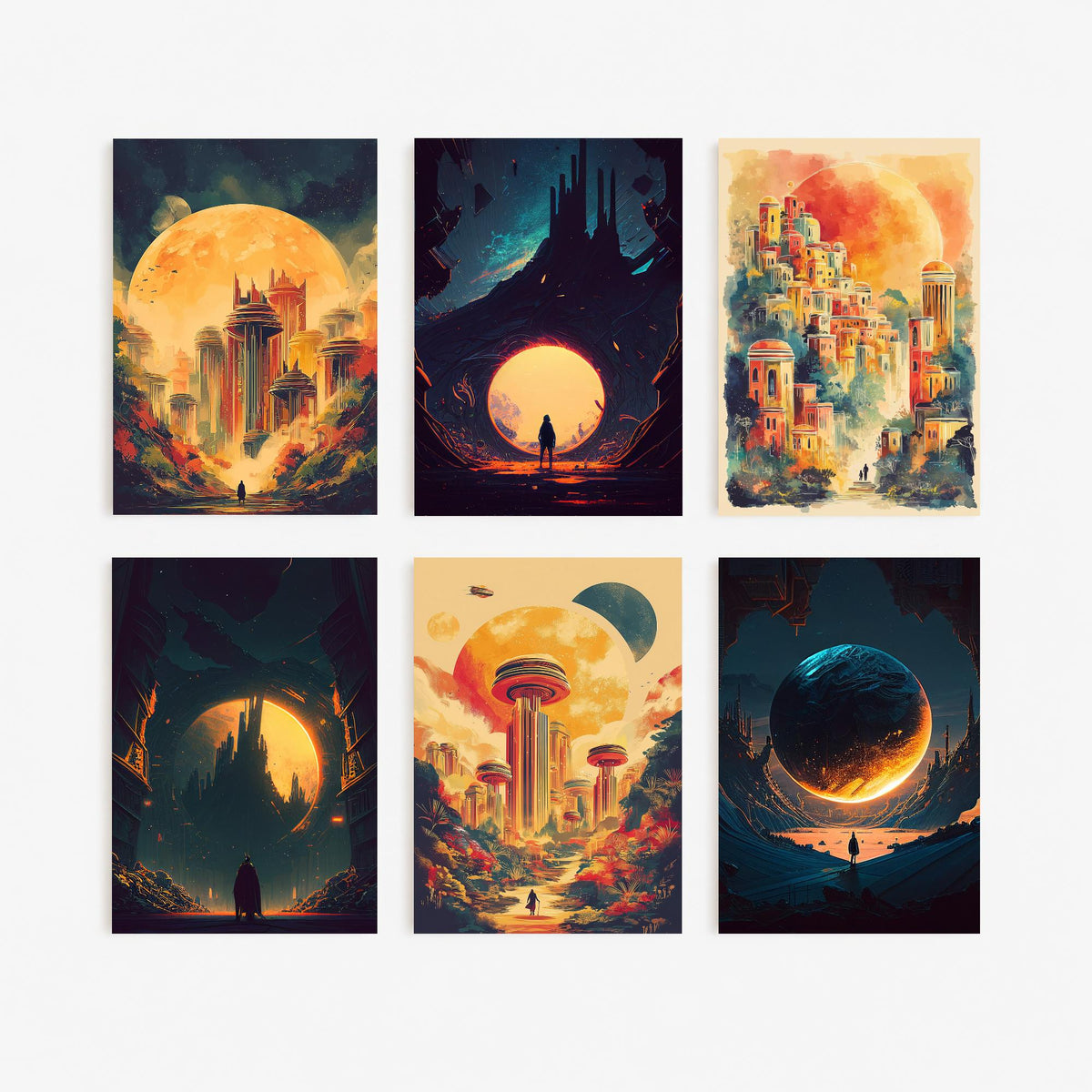 Set of Six Alien City Beneath the Sun Art Prints - 6 Retro Sci Fi Cityscape Posters - Giant Planets, Lone Traveller Fantasy Illustration