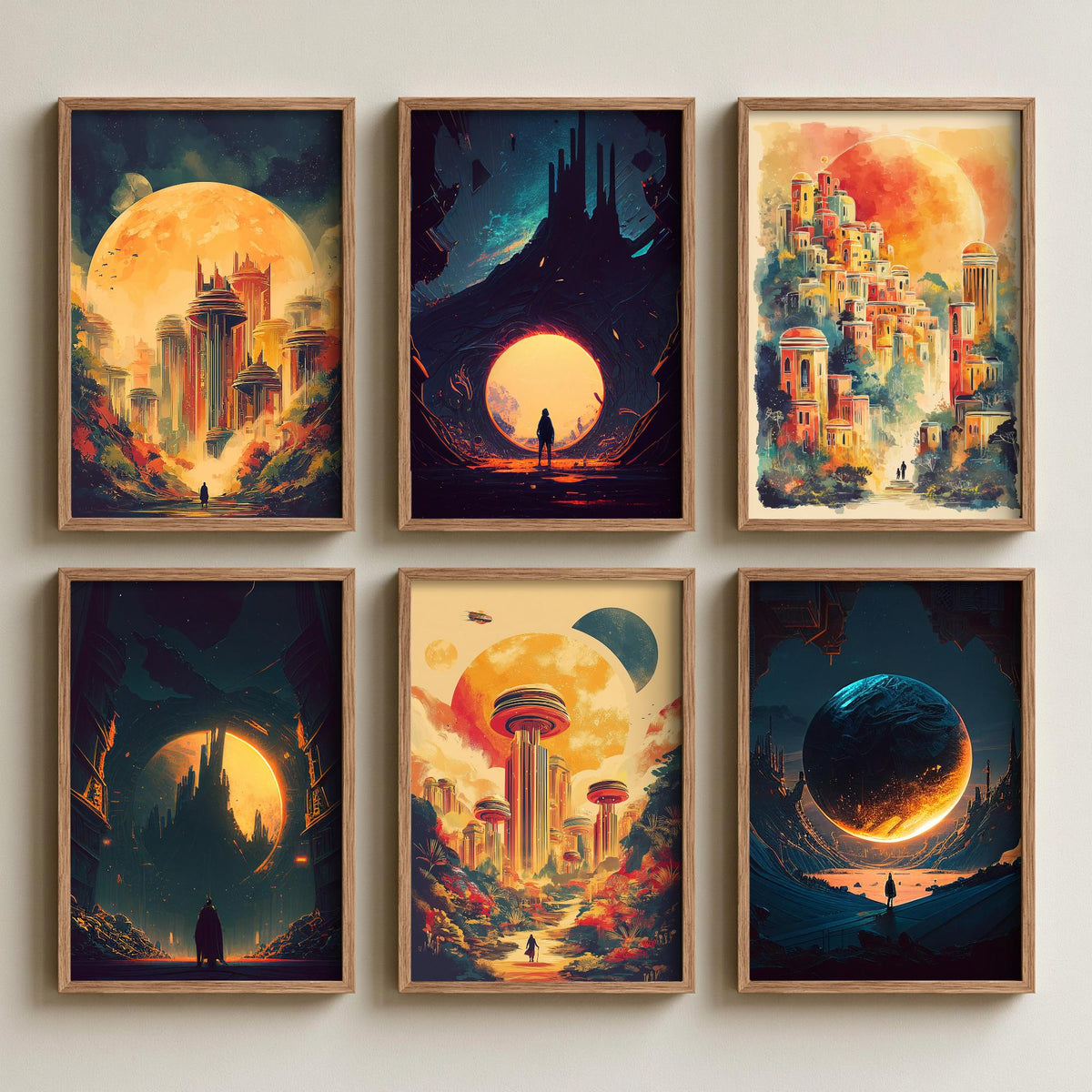 Set of Six Alien City Beneath the Sun Art Prints - 6 Retro Sci Fi Cityscape Posters - Giant Planets, Lone Traveller Fantasy Illustration