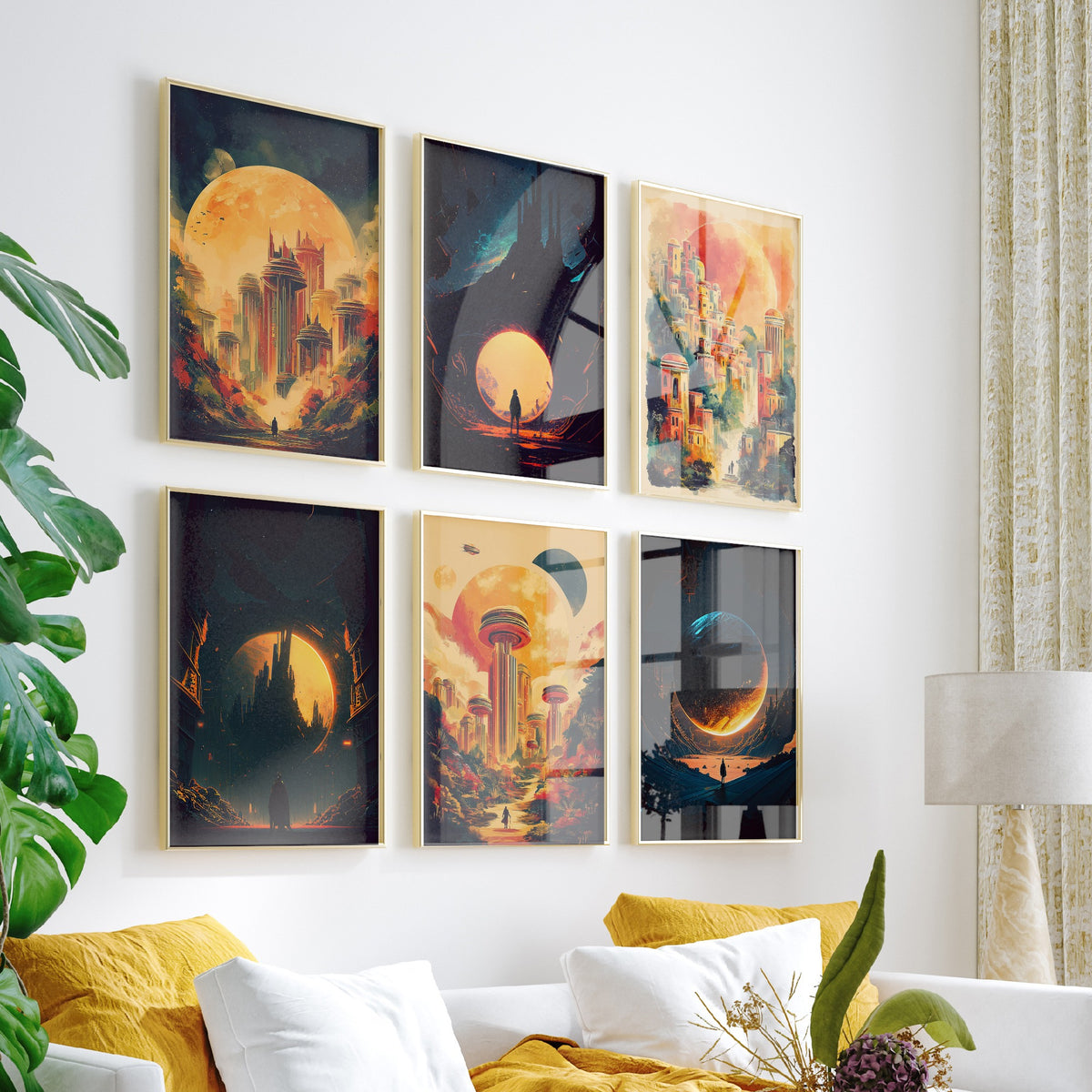 Set of Six Alien City Beneath the Sun Art Prints - 6 Retro Sci Fi Cityscape Posters - Giant Planets, Lone Traveller Fantasy Illustration