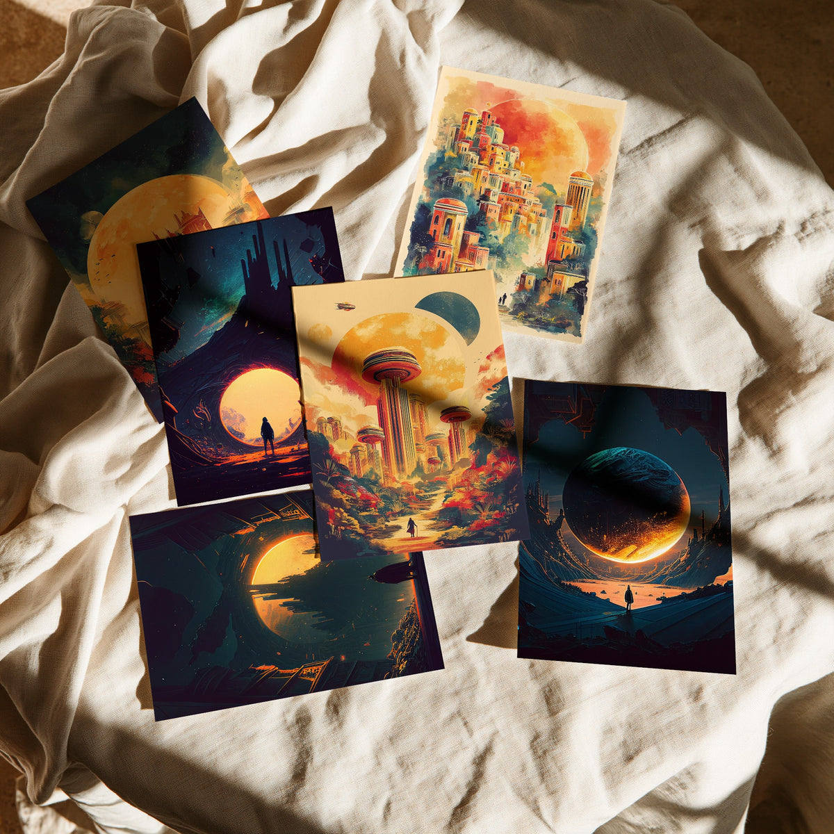 Set of Six Alien City Beneath the Sun Art Prints - 6 Retro Sci Fi Cityscape Posters - Giant Planets, Lone Traveller Fantasy Illustration