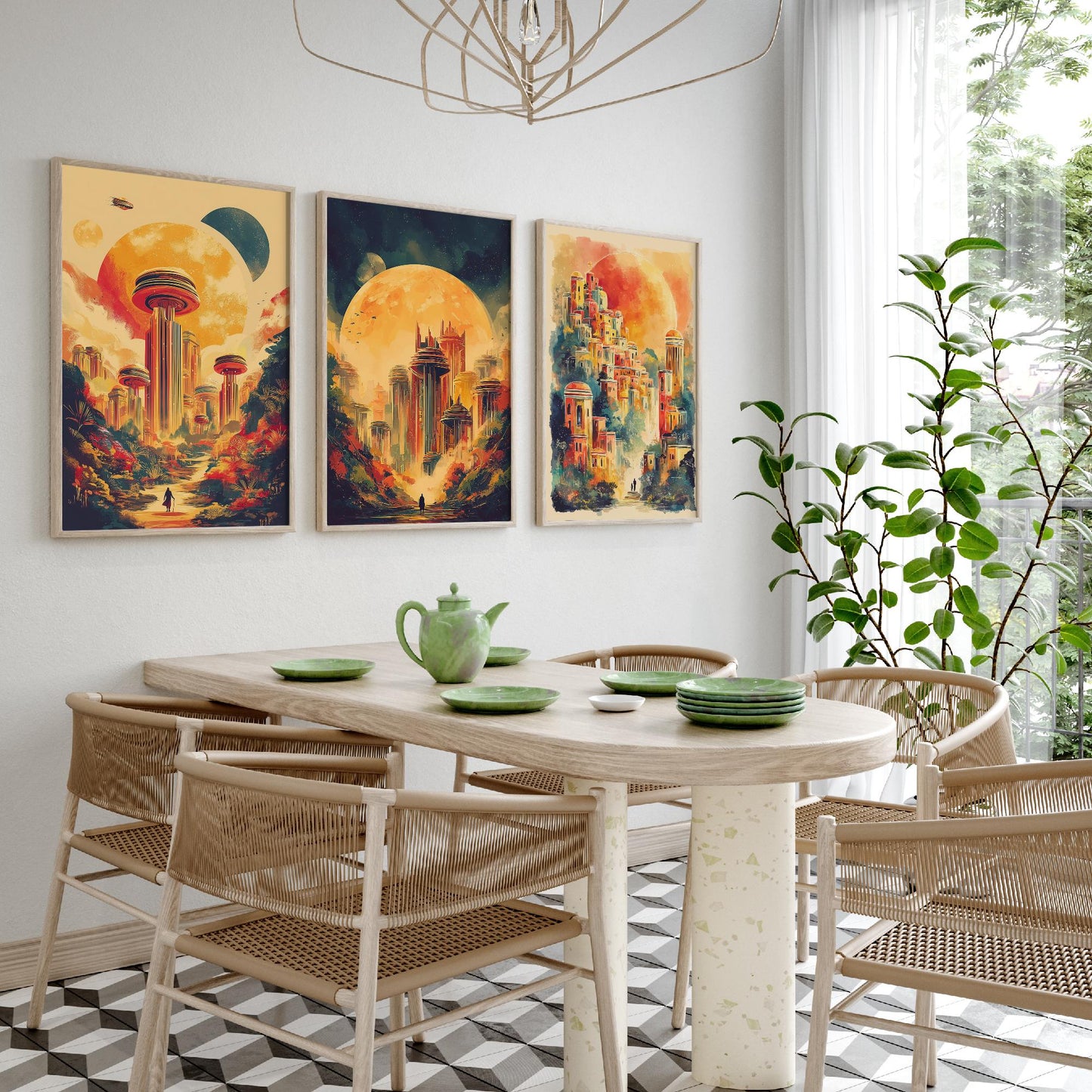 Alien City Beneath the Sun Set of Three Art Prints - 3 Retro Sci Fi Cityscape Posters - Futuristic Fantasy Illustration V2