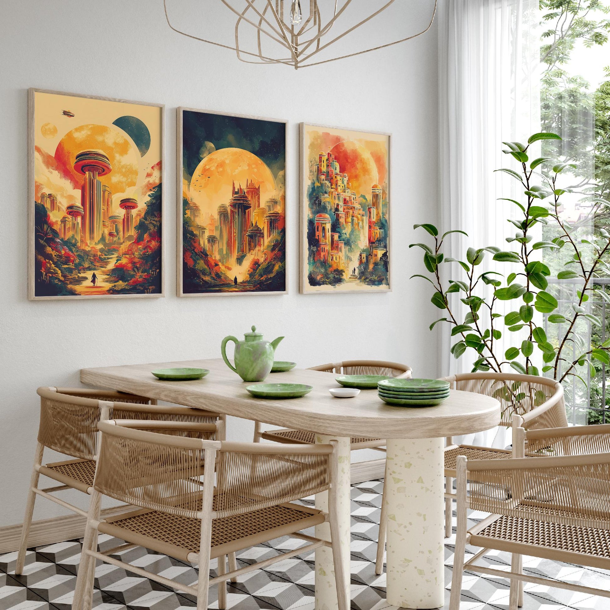 Alien City Beneath the Sun Set of Three Art Prints - 3 Retro Sci Fi Cityscape Posters - Futuristic Fantasy Illustration V2