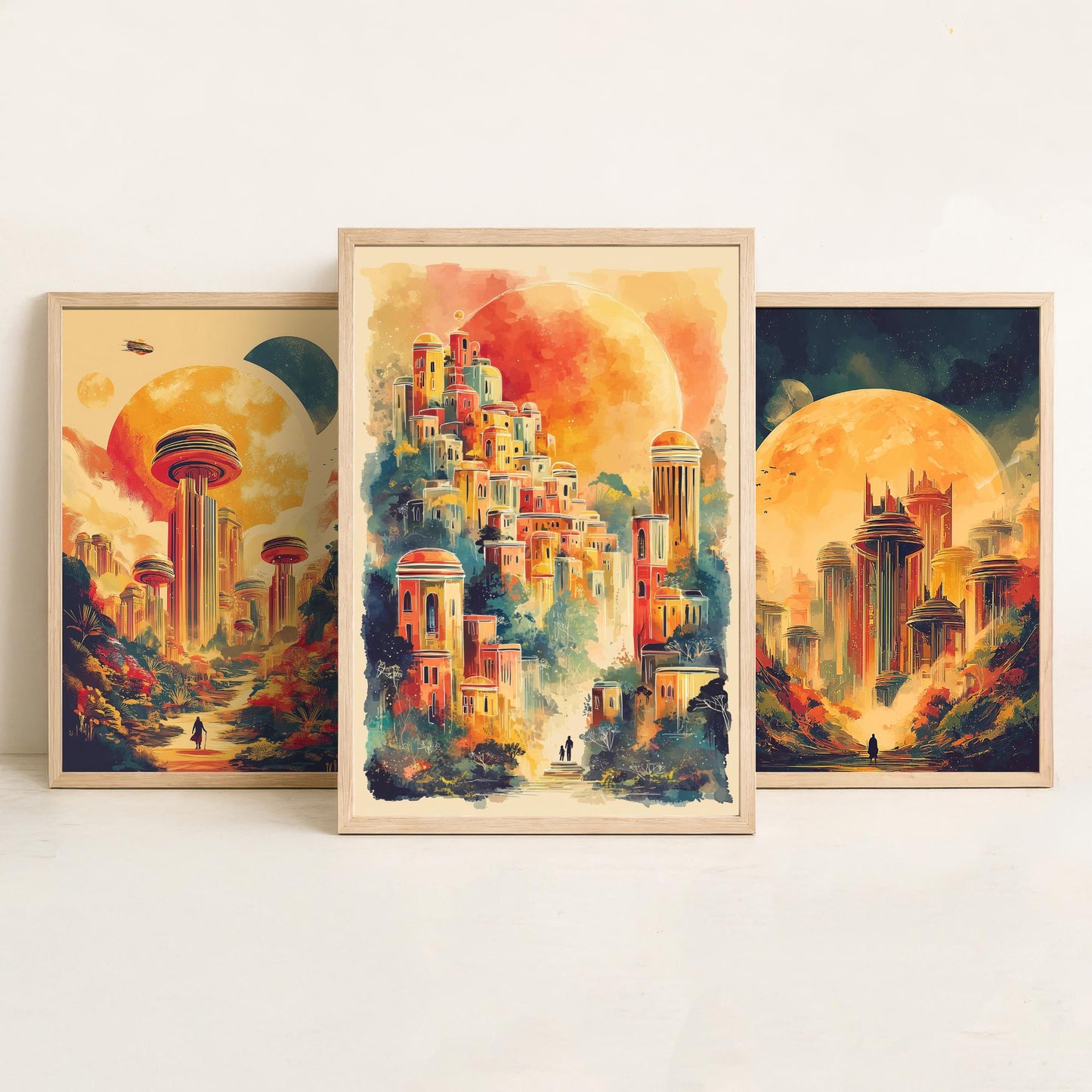 Alien City Beneath the Sun Set of Three Art Prints - 3 Retro Sci Fi Cityscape Posters - Futuristic Fantasy Illustration V2