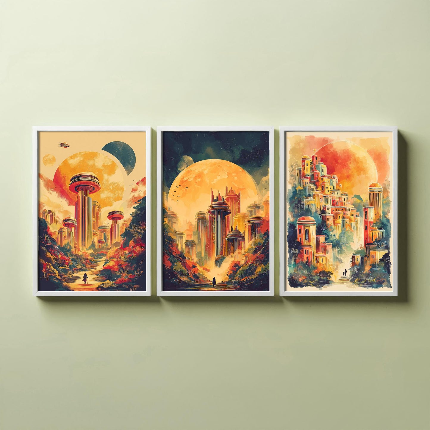 Alien City Beneath the Sun Set of Three Art Prints - 3 Retro Sci Fi Cityscape Posters - Futuristic Fantasy Illustration V2