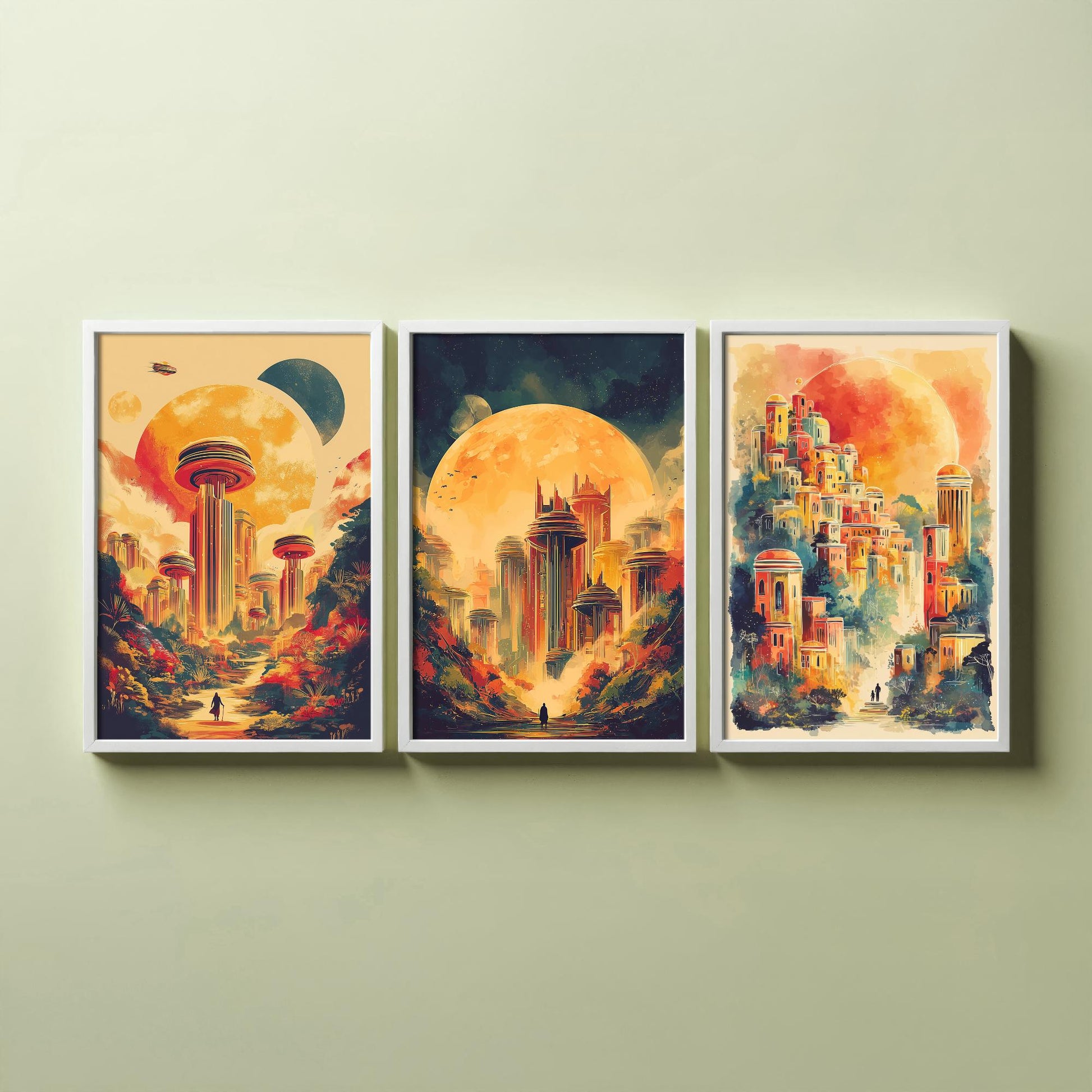 Alien City Beneath the Sun Set of Three Art Prints - 3 Retro Sci Fi Cityscape Posters - Futuristic Fantasy Illustration V2