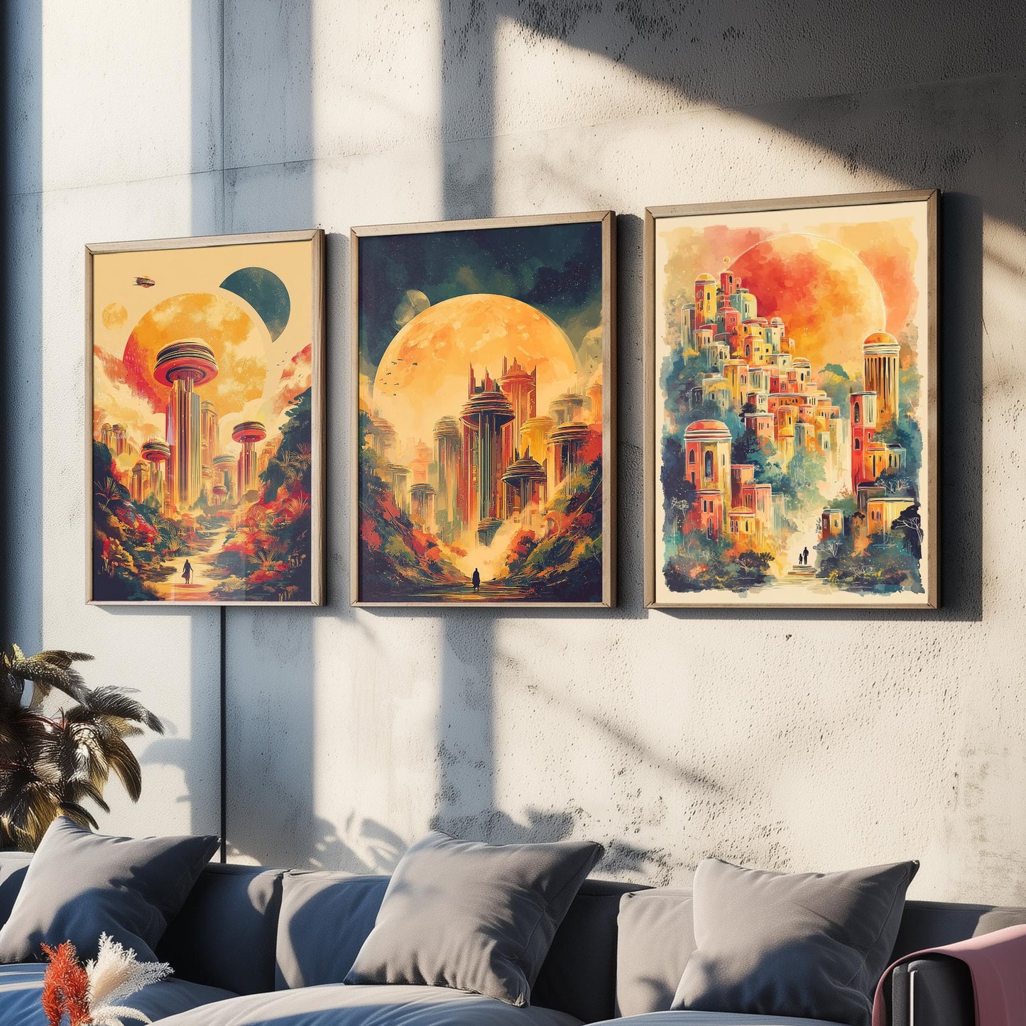 Alien City Beneath the Sun Set of Three Art Prints - 3 Retro Sci Fi Cityscape Posters - Futuristic Fantasy Illustration V2